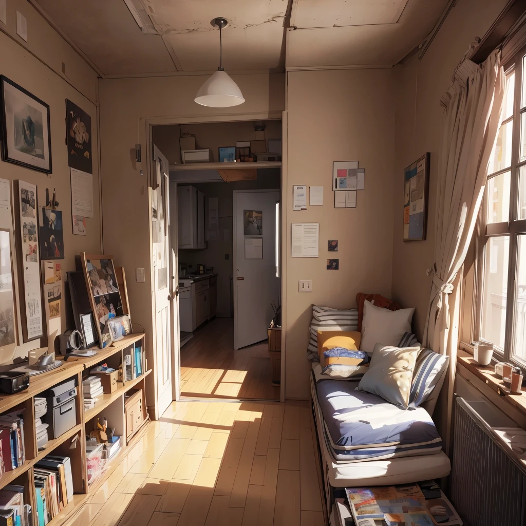 ((20-year-old woman,Blonde short bob hair,She is walking through an empty room)),Huge kids room,A room with children's graffiti,Messy room,Dim electricity,Dimly lit room,There are many long and thin monsters,Uneasy atmosphere,