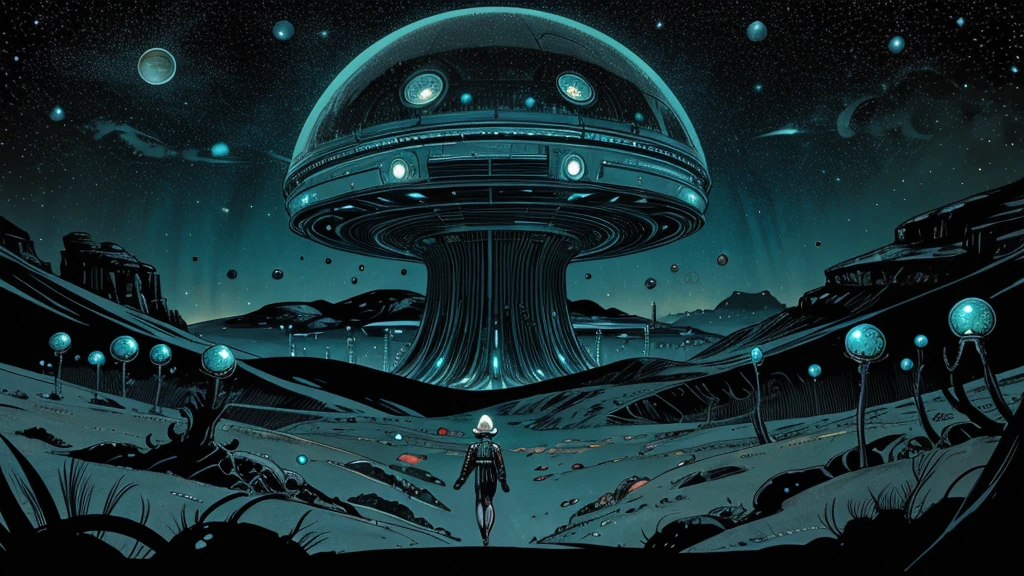 Create a dazzling alien world in the style of 1950s-70s comic book art. Use bold outlines, halftone patterns, and exaggerated perspective. Employ intense, saturated colors reminiscent of vintage four-color printing. Include one or more of the following elements:
A gleaming futuristic city with impossible architecture and flying vehicles
Bizarre, tentacled monsters with multiple eyes and otherworldly appendages
A desolate, crater-filled landscape with twin moons in the sky
Retro space girls in sleek silver suits and bubble helmets
A massive, ring-shaped space station orbiting a technicolor planet
Crystal formations and alien plant life in neon hues
Maintain a psychedelic, otherworldly atmosphere with swirling, colorful skies and strange celestial bodies. Emphasize the contrast between light and shadow to create a dramatic, pulp sci-fi feel.