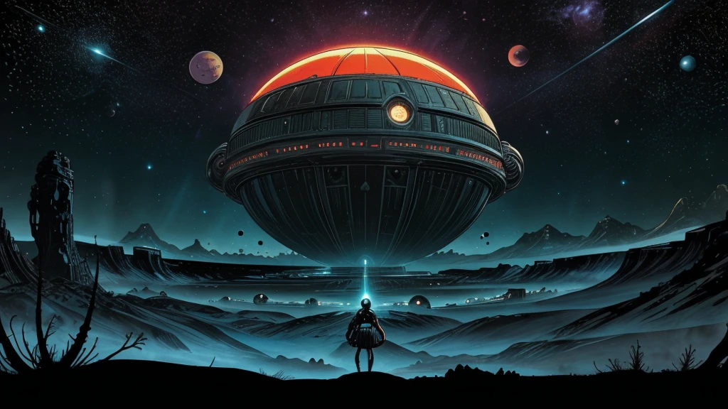 Create a dazzling alien world in the style of 1950s-70s comic book art. Use bold outlines, halftone patterns, and exaggerated perspective. Employ intense, saturated colors reminiscent of vintage four-color printing. Include one or more of the following elements:
A gleaming futuristic city with impossible architecture and flying vehicles
Bizarre, tentacled monsters with multiple eyes and otherworldly appendages
A desolate, crater-filled landscape with twin moons in the sky
Retro space girls in sleek silver suits and bubble helmets
A massive, ring-shaped space station orbiting a technicolor planet
Crystal formations and alien plant life in neon hues
Maintain a psychedelic, otherworldly atmosphere with swirling, colorful skies and strange celestial bodies. Emphasize the contrast between light and shadow to create a dramatic, pulp sci-fi feel.