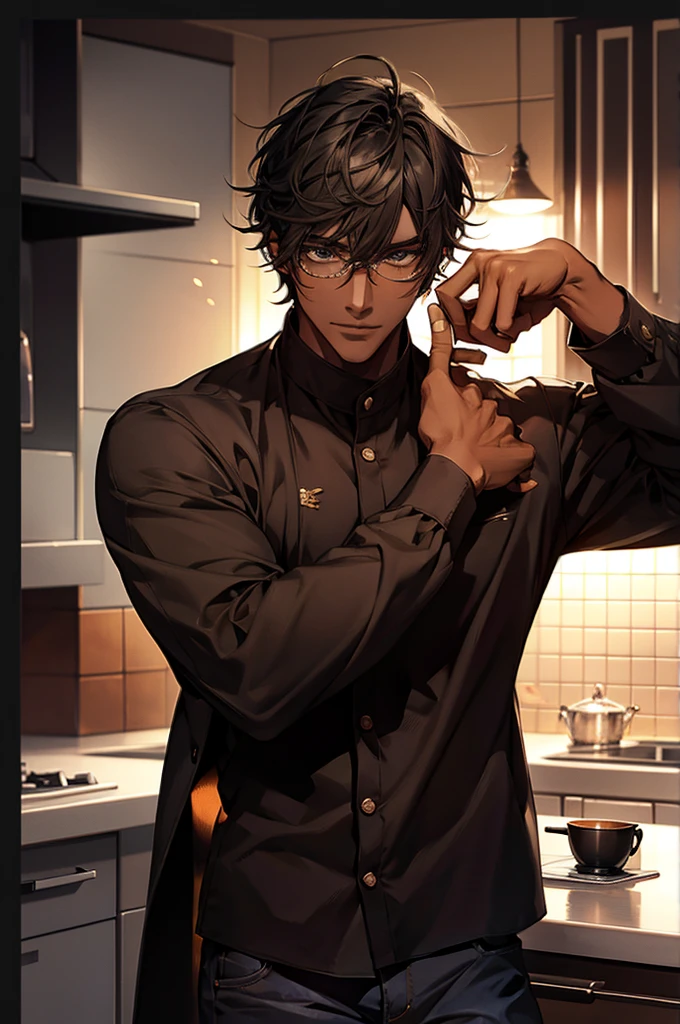 1male, black hair, dark skinned man, very dark skin, brown eyes, black hair, muscular body, cool clothes, casual pose, glasses, mature face, ikemen, smile, kitchen background, 4k, high resolution, rim lighting