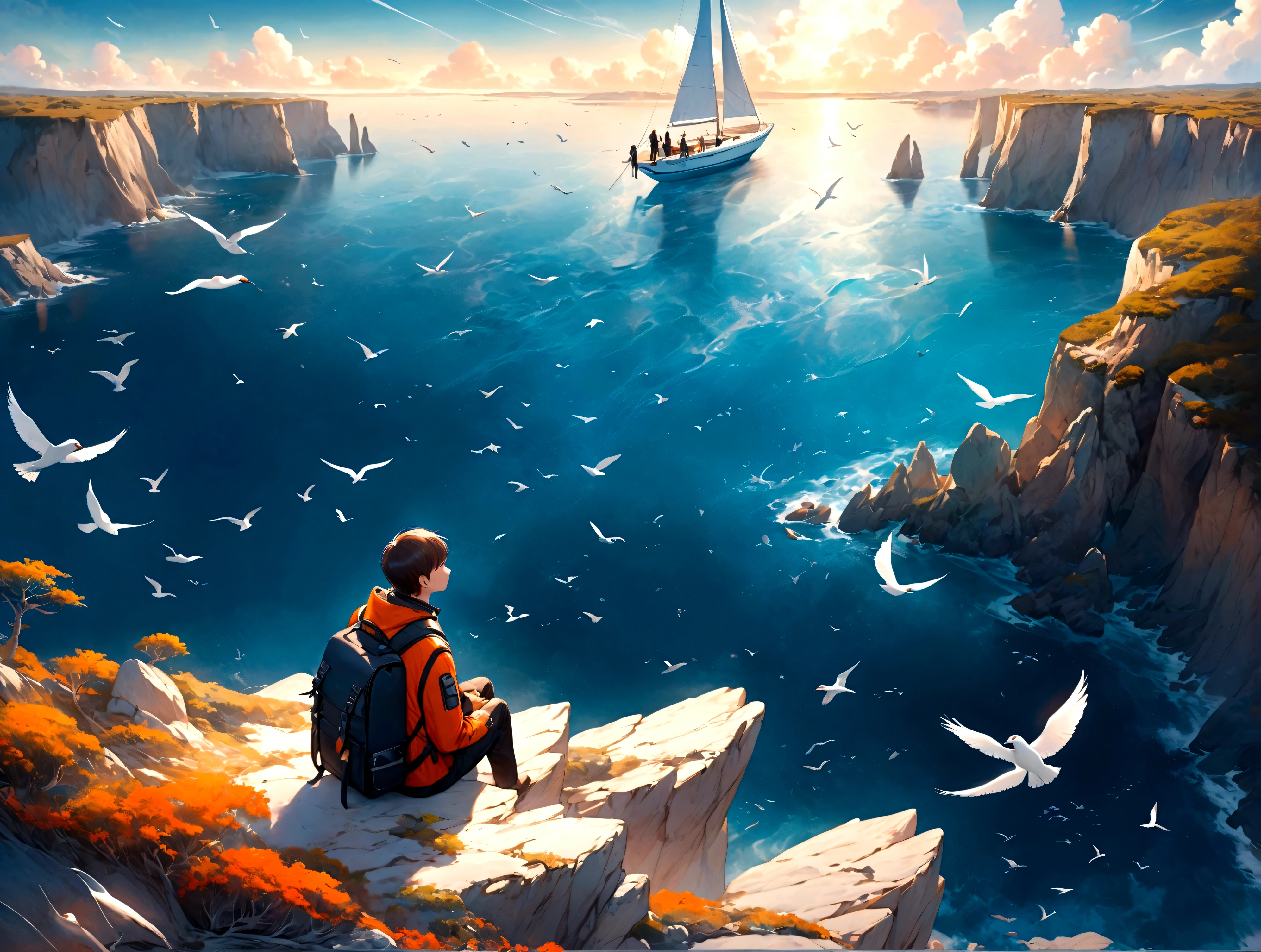 A space tourist with a backpack is sitting on the shore of a cliff. below is the sea, alien sky, romance, masterpiece, birds in the sky, sailboat