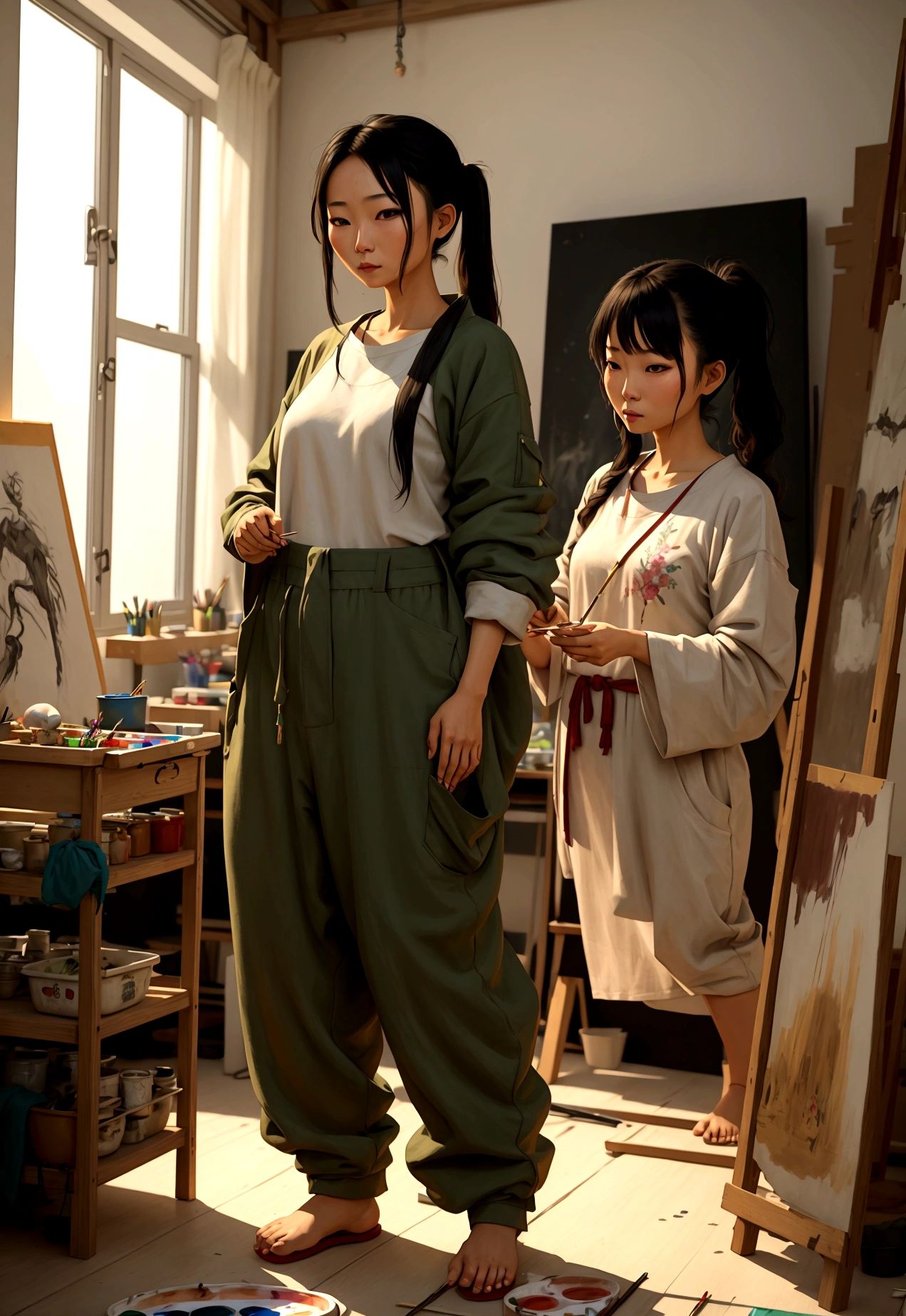 asian lady painting in her studio wearing loose baggy clothes