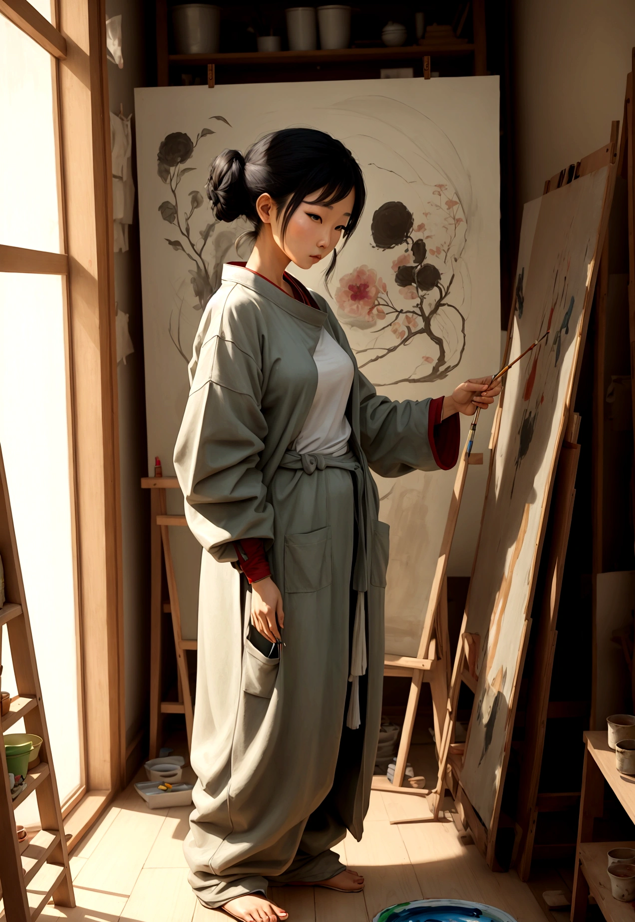 asian lady painting in her studio wearing loose baggy clothes