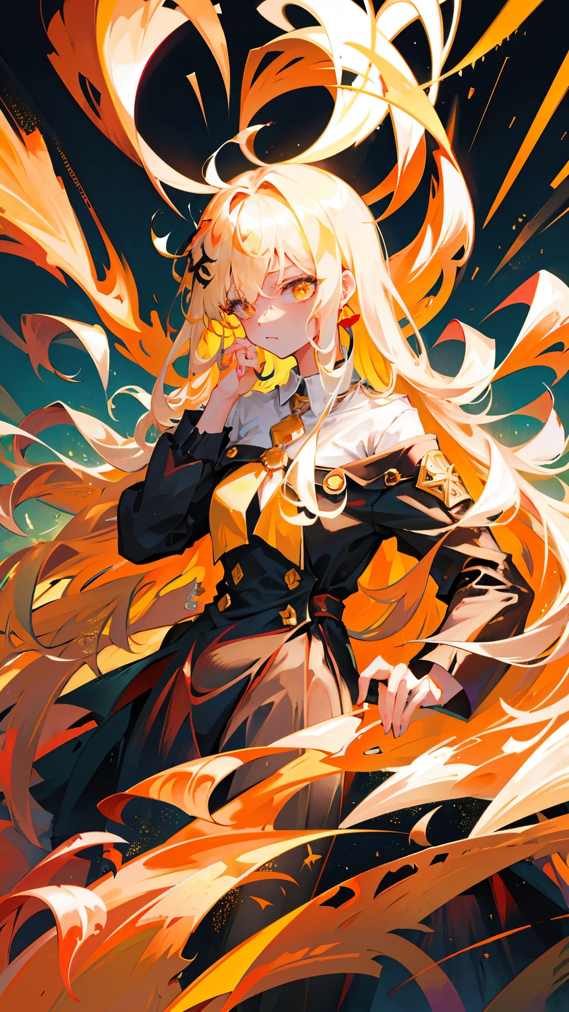 (NSFW Warning), In the dimly lit orchestration of twilight, a solitary figure is depicted. The girl, adorned with bangs that frame her expressionless countenance, stands amidst a sea of flames. Her hair, a unique blend of Beige and Multicolored strands, cascades down her back, a stark contrast to the fiery backdrop. The remnants of her burnt clothes cling to her figure, revealing the tantalizing hint of combustion that marks her as an anomaly.

A small Ahoge, a distinctive quirk often seen in anime, peeks out from the loose tendrils of hair that fall over her forehead