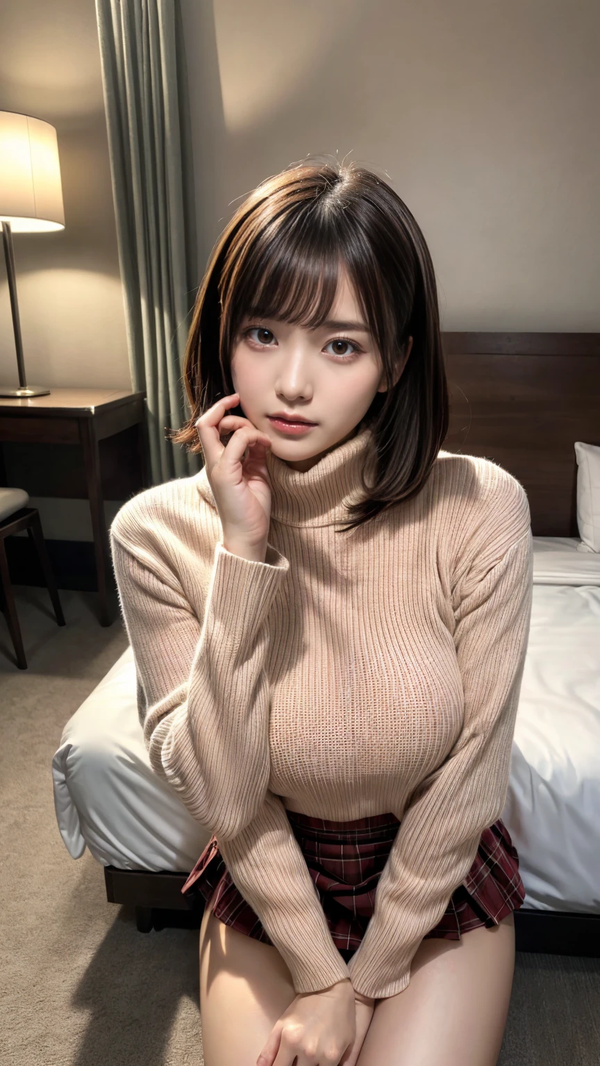 masterpiece, best quality, illustration, Super detailed, fine details, High resolution, 8K,wall paper, perfect dynamic composition,(Details High quality, realistic depiction of eyes:1.3), Tight turtleneck pink sweater, pleated skirt, short bob hair、black hair color, Big Natural Color Lip, bold sexy pose, crying a little、cold gaze, Harajuku style、acrobatic pose, 20 year old girl、cute type、lolita、beautiful legs, hotel room, gravure idol, Voluptuous thighs, huge breasts
