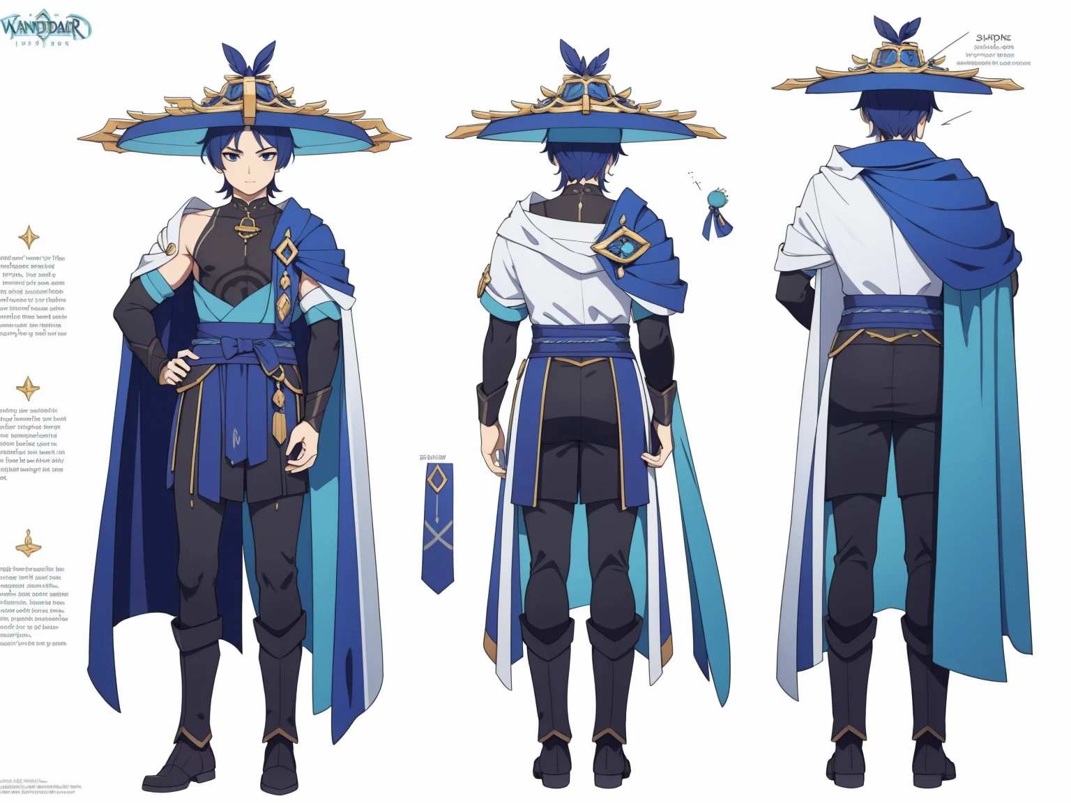 (Back cape)Big hat, Cape, Metal armor, Body armor, shoulder pads (shiny cyan armor:1.0)Sfw, (Wanderer:1.0)Thin, fit, 1boy, solo, male focus, looking at viewer, upper body,  hair, realistic, hat, default clothing, wanderer clothing, (character design sheet, full body, front, side, back), Illustration, environment change, pose (simple background, white background: 1.0)