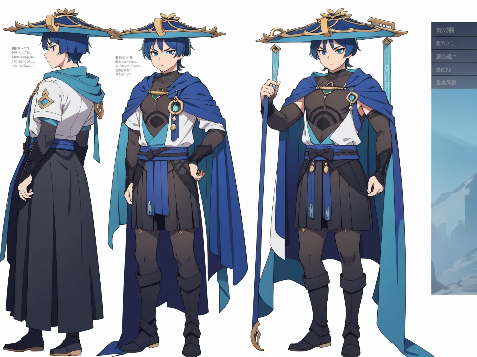 (Back cape)Big hat, Cape, Metal armor, Body armor, shoulder pads (shiny cyan armor:1.0)Sfw, (Wanderer:1.0)Thin, fit, 1boy, solo, male focus, looking at viewer, upper body,  hair, realistic, hat, default clothing, wanderer clothing, (character design sheet, full body, front, side, back), Illustration, environment change, pose (simple background, white background: 1.0)