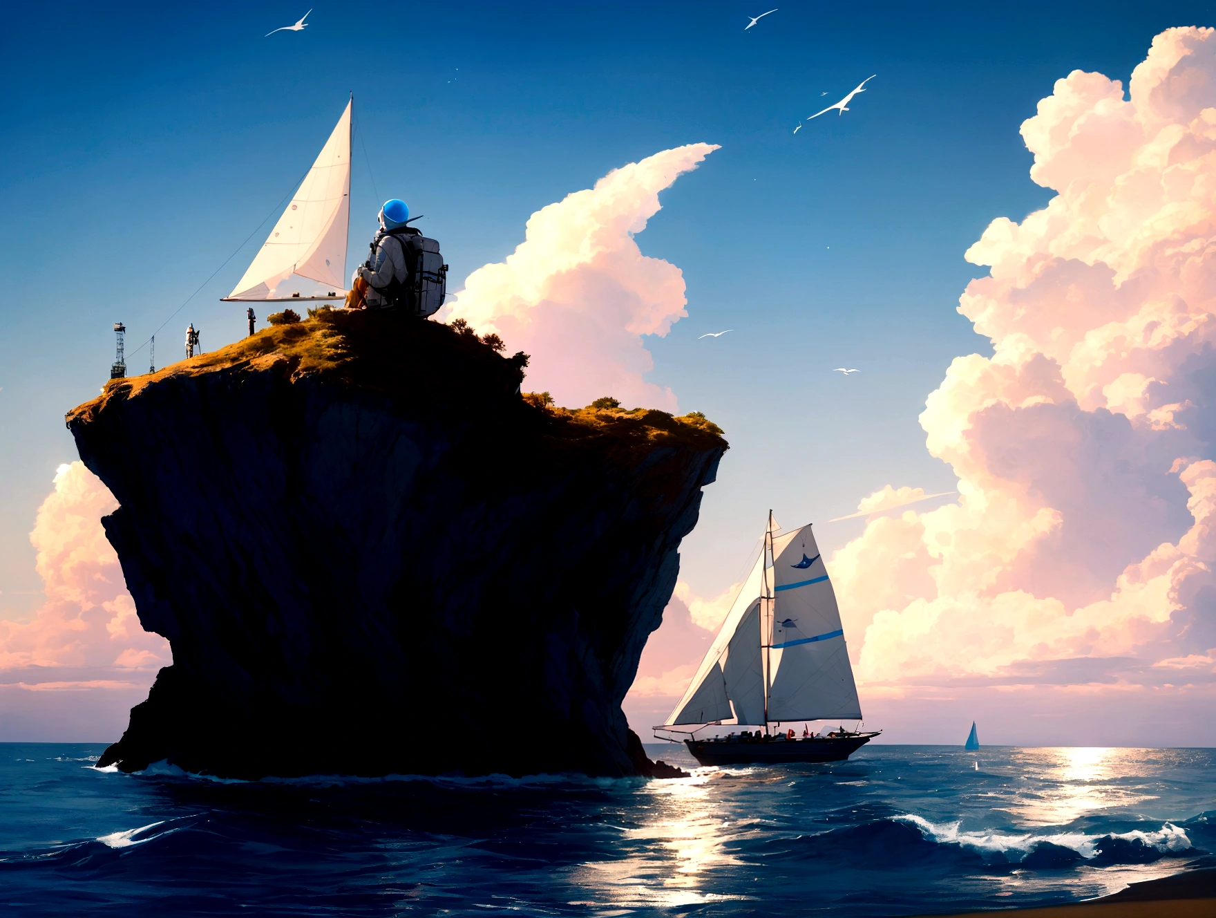 A space tourist with a backpack is sitting on the shore of a cliff. below is the sea, alien sky, romance, masterpiece, birds in the sky, sailboat