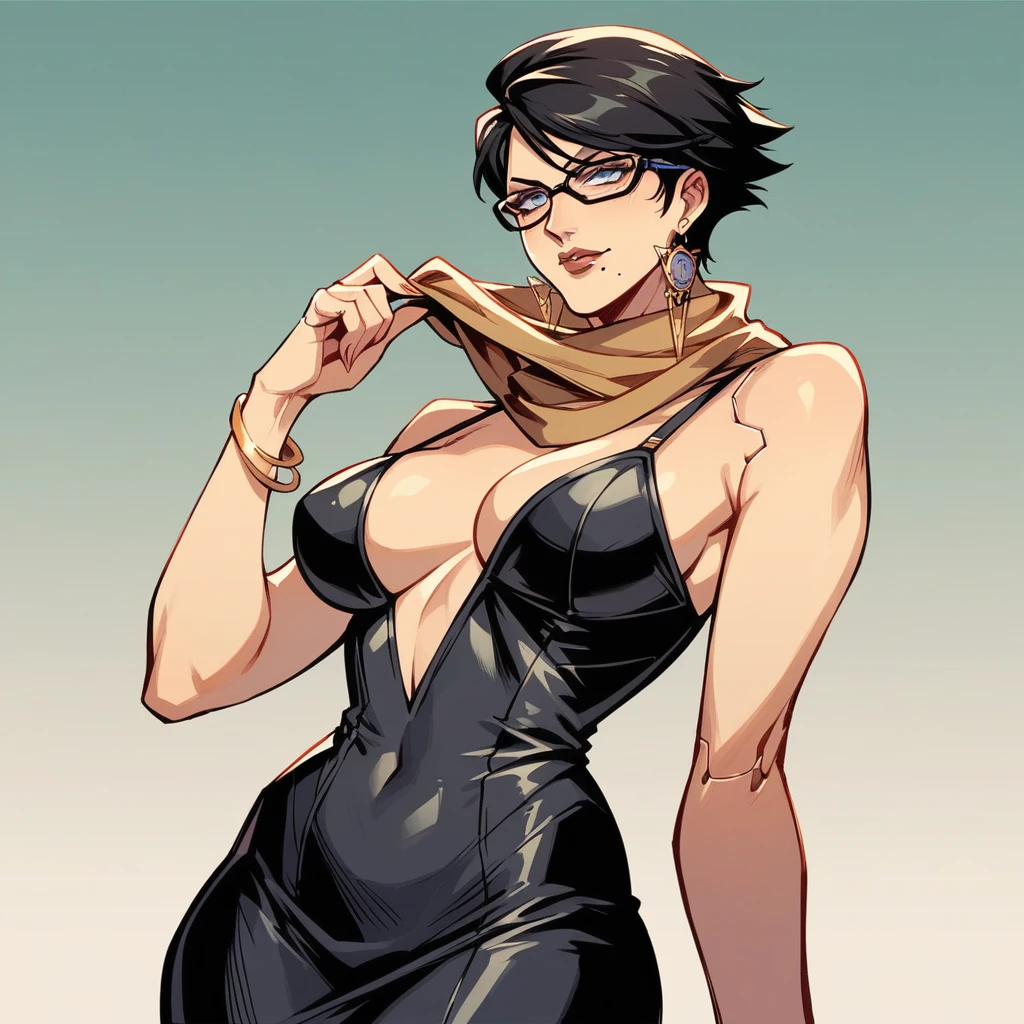 tall mature beautyfull woman, based bayonetta, cyberpunk clotches, cybernetic implants, mature woman, short hair, black chic glasses, big beige colors scarf, golden earring, black dress, golden bracelet, black boot