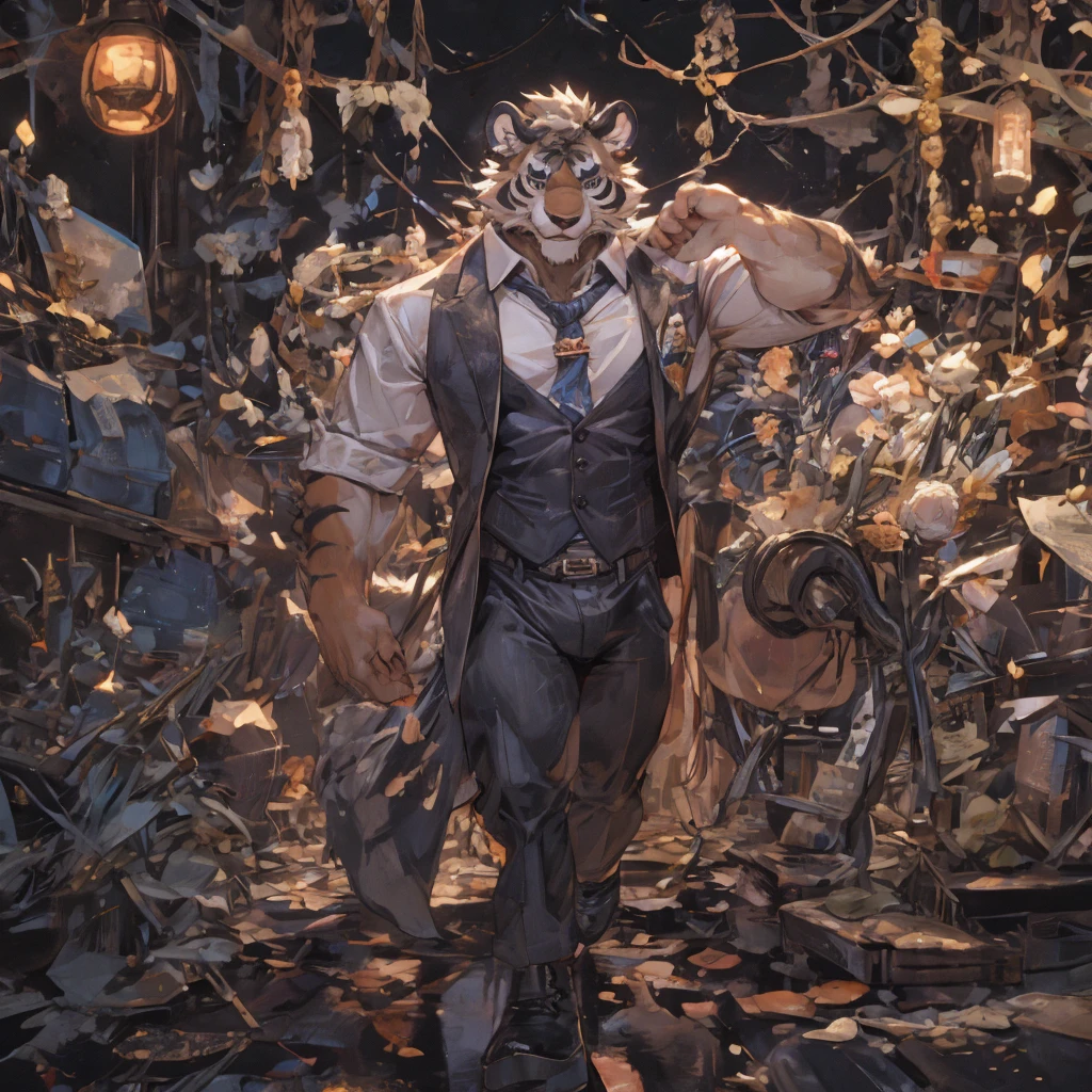 {{bara extremely handsome white tiger,}} {{white fur,}} white, wearing elegant ornate suit jacket, trousers, white dress shirt and necktie, white fluffy furry body and limbs, loafers, very tall, very broad shoulders, narrow waist, muscular arms, massive pecs, purple eyes, very long legs, massive bulge, sophisticated hot look, 3/4 view, best quality, high detail, CG image, character splash art, silver earring on left ear, sultry smirk