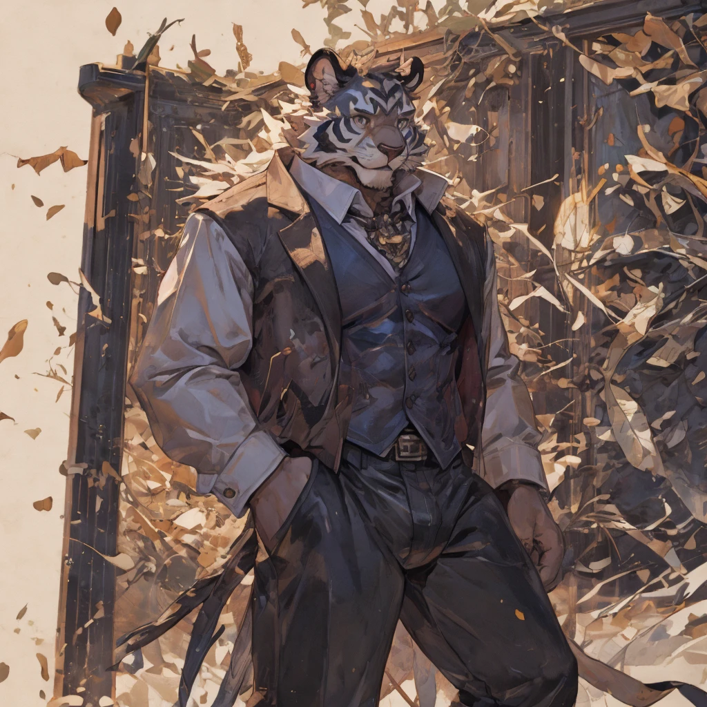 {{bara extremely handsome white tiger,}} {{white fur,}} white, wearing elegant ornate suit jacket, trousers, white dress shirt and necktie, white fluffy furry body and limbs, loafers, very tall, very broad shoulders, narrow waist, muscular arms, massive pecs, purple eyes, very long legs, massive bulge, sophisticated hot look, 3/4 view, best quality, high detail, CG image, character splash art, silver earring on left ear, sultry smirk