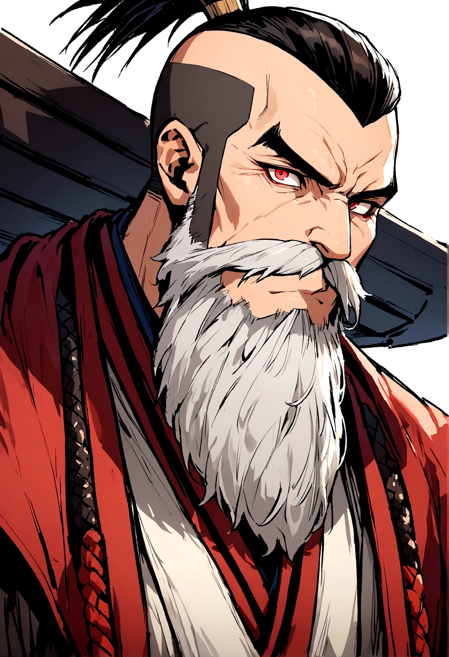 Red-eyed samurai, thin moustache, beard and mohawk