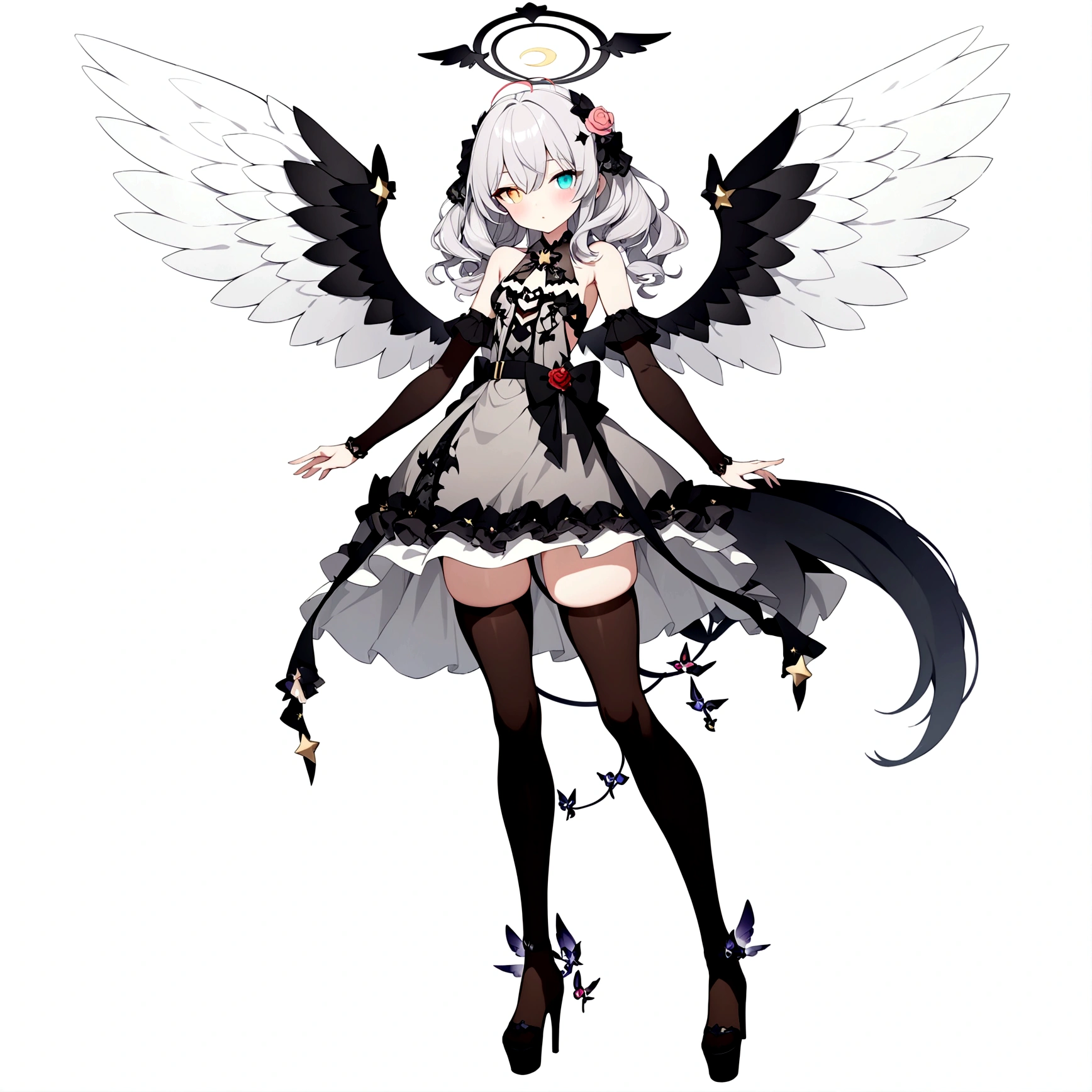 woman 160 cm tall, slim build. (character design sheet: front view). Long Wavy Gray Hair with Thigh Length Curls. (heterochromia: one light green eye and one amber eye), she has little ribbons in her hair, rose-shaped brooch on the right side of the hair. extremely detailed face, small face, Beautiful detailed eyes, beautiful detailed lips. adorable, extremely detailed legs, (Best Quality, 4k, 8k, high resolution), ultra detailed, Exquisite and epic character art... Black high stockings with gold star print... Black platform heels, One-piece dress with low waist and ruffles.. It has robotic arms up to the forearm that are pink and gray.... dark gray belt at the waist with a small blue crescent, black necklace on the neck with rose-shaped decoration. He has small angel wings on his back that are dark blue and black.... It has a succubus tail that ends in the shape of a heart. Wide hips. Wears a luminous gray and black halo with rose patterns... (small chest size). beautiful detailed wings. beautiful detailed hair, beautiful detailed dress.
