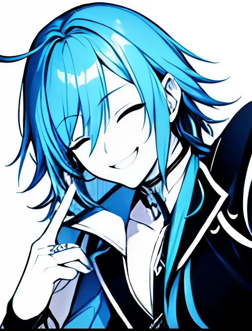 Visual kei man, smiling with eyes closed, monochrome, light blue