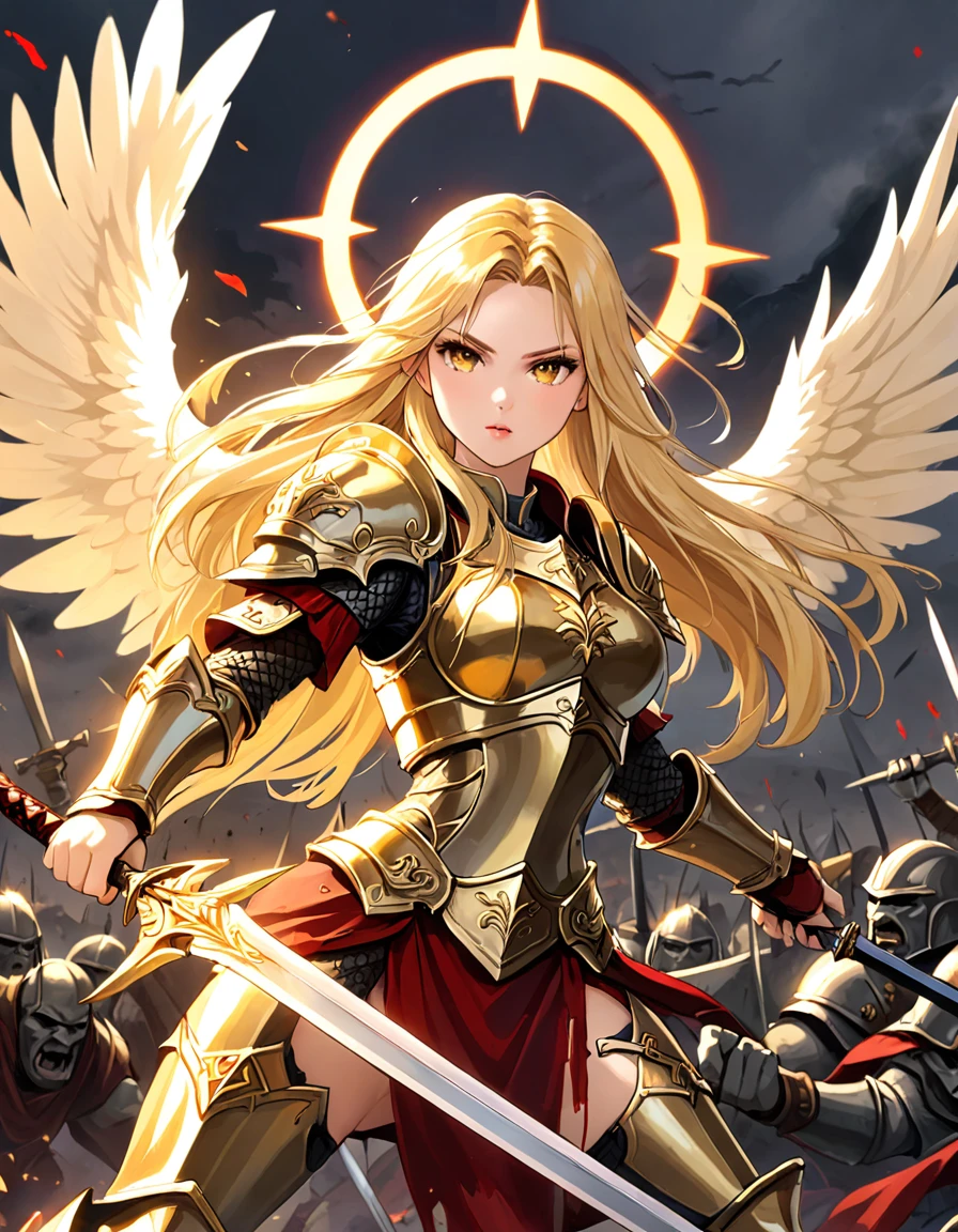 score_9, score_8_up, score_7_up, score_6_up, Illustration of an angelic female warrior, beautiful woman, long blonde hair, halo, golden armor, wings, fighting orcs, blood, holding a orc head in one hand and a sword in the other hand, battlefield