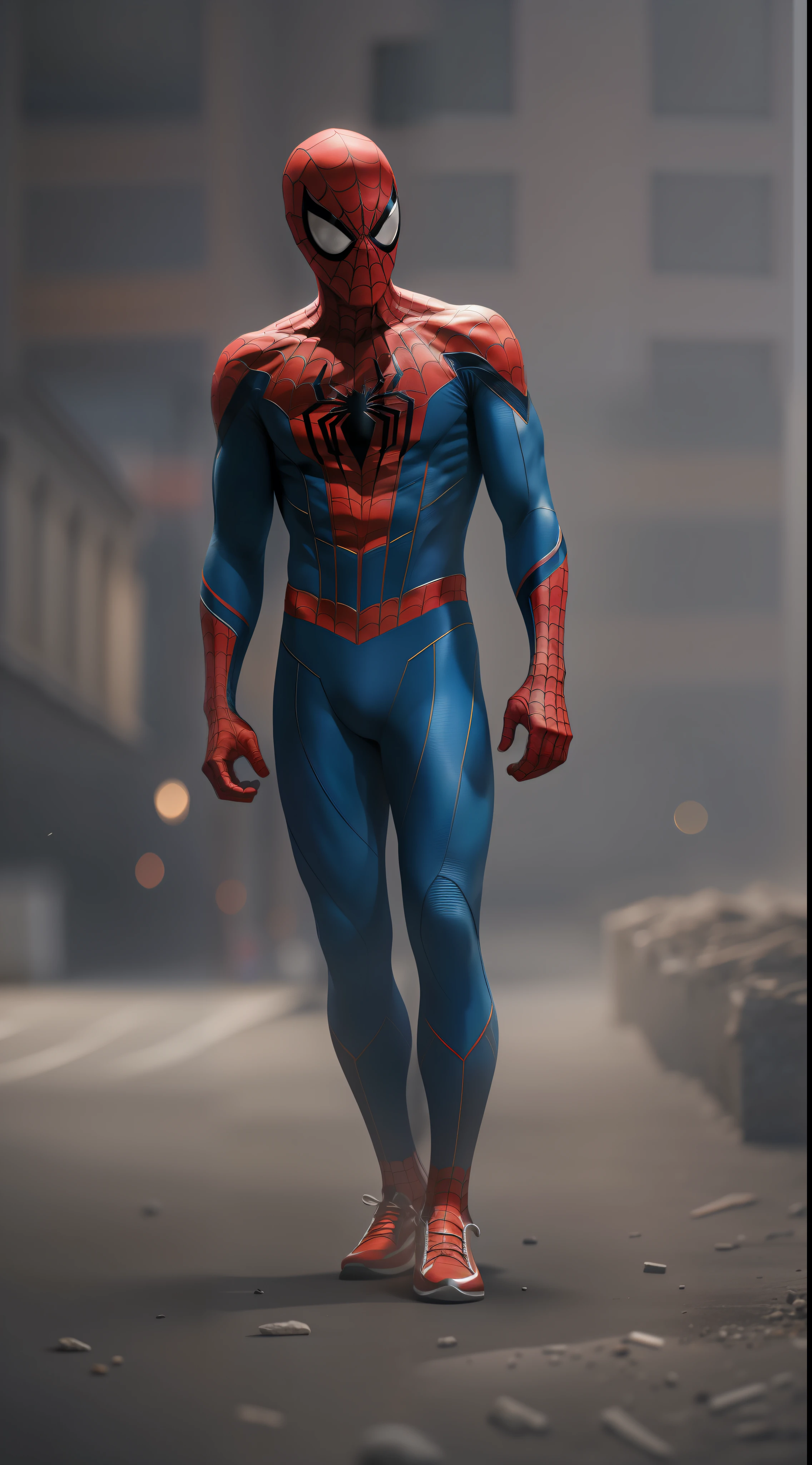 (8k, raw photo, Best Quality, first work: 1.2), ultra detailed, Official Art, photo-realistic: 1.37, whole body, front view, Spider-Man holding his son on his lap dressed in a Spiderman costume, film grain