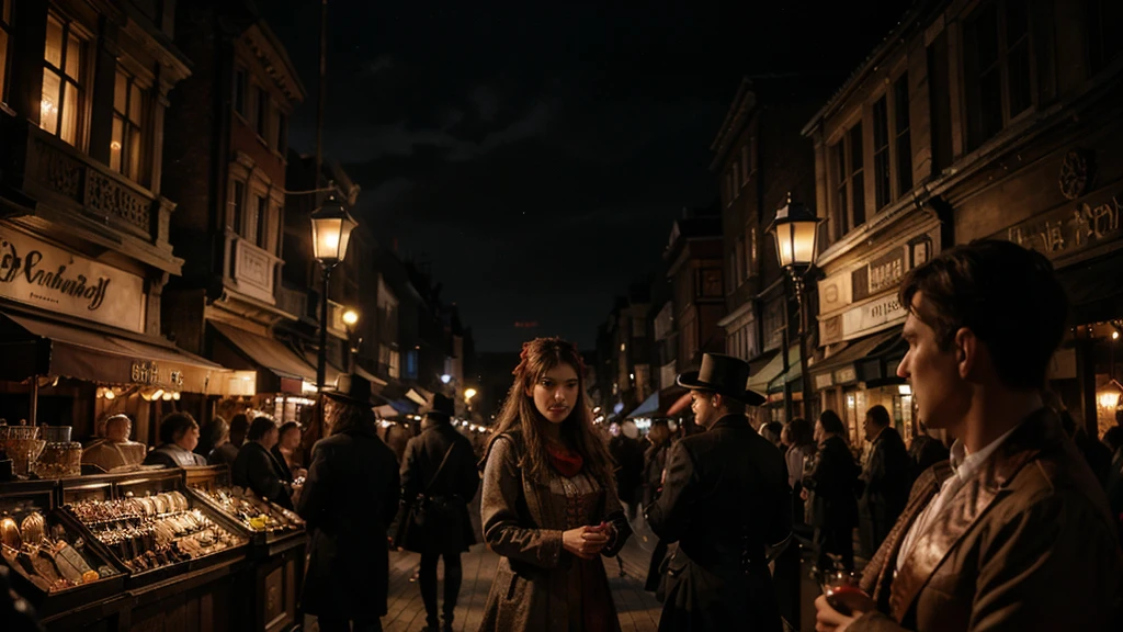 (located dramatically on london victorian london slum night market flea with dramatic red lantern lights source) element detail with rustic background, dark, night scene, no-light, shade, shadow, storm night cinematic, detail environtment scenery, people interact on that market, there`s a stole the apples, format beauty, shades, desaturate, ultra HD, taken with Fujifilm XF 56mm f/1.2 R Lens. long exposure, HDR10 8K