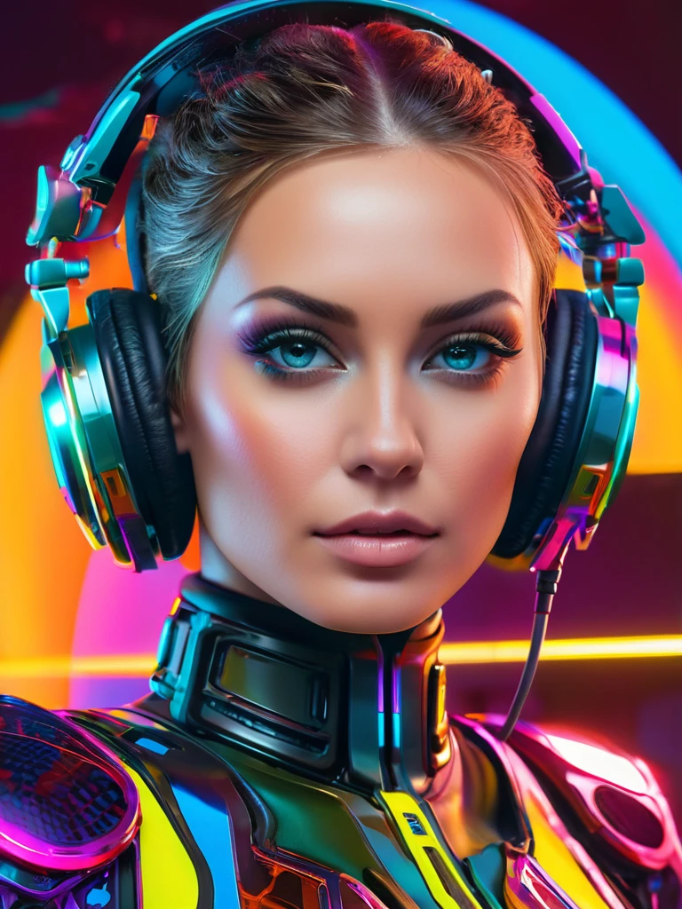 Square album cover, electronica, compilation album, reflecting electronic dance music, female dj, face, chilled out beats, positive look, vibrant colors, abstract patterns, neon lights, futuristic elements, Cyberpunk 2077 colors but not as dark, Russian constructivist influence, the sun, science-related ideas, abstract statues