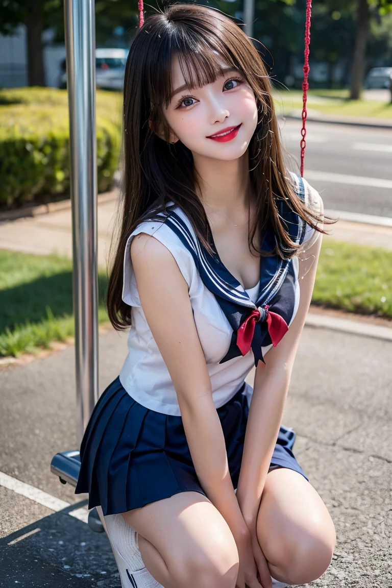 ((Full body)), ((masterpiece)), ((8K)), (((Beautiful high school student)))), (Sailor suit:1.2), (Smooth, straight, long black hair), Smiling face, With bangs, Blue Eyes, Long eyelashes, Red lips, Perfect beautiful figure, Soft skin, Beautiful clavicle, Park swing, Blackheads on the corners of the eyes, Big
