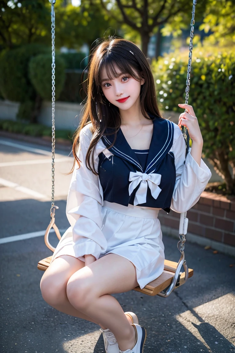 ((Full body)), ((masterpiece)), ((8K)), (((Beautiful high school student)))), (Sailor suit:1.2), (Smooth, straight, long black hair), Smiling face, With bangs, Blue Eyes, Long eyelashes, Red lips, Perfect beautiful figure, Soft skin, Beautiful clavicle, Park swing, Blackheads on the corners of the eyes, Big Boobs