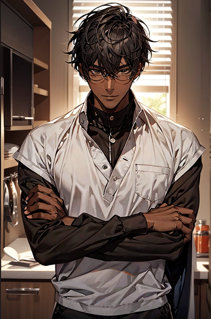 1male, black hair, dark skinned man, very dark skin, brown eyes, black hair, muscular body, cool clothes, casual pose, glasses, mature face, ikemen, smile, kitchen background, 4k, high resolution, rim lighting