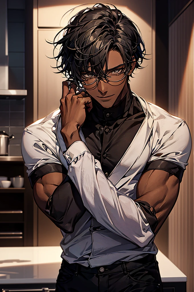 1male, black hair, dark skinned man, very dark skin, brown eyes, black hair, muscular body, cool clothes, casual pose, glasses, mature face, ikemen, smile, kitchen background, 4k, high resolution, rim lighting