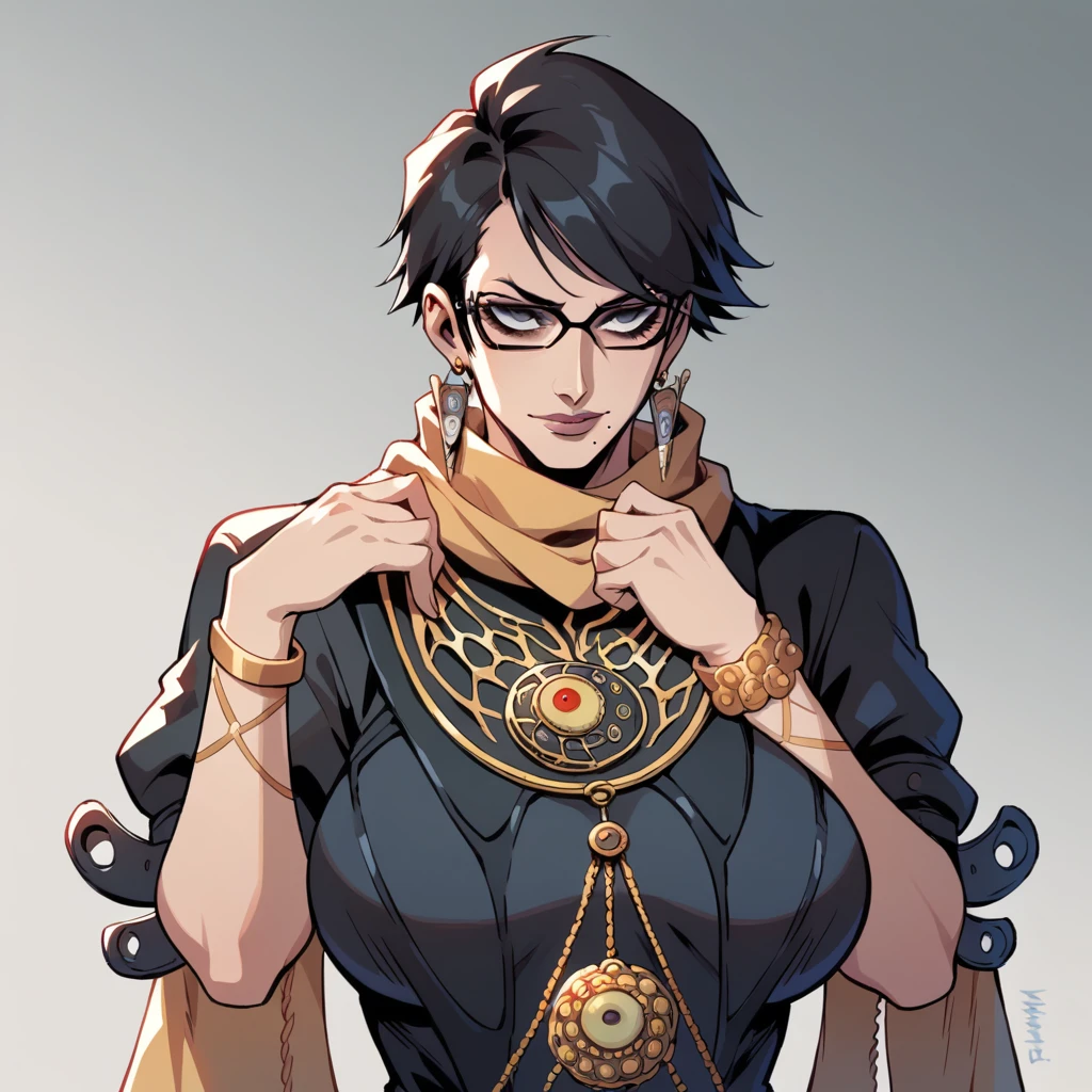 tall mature beautyfull woman, based bayonetta, cyberpunk clotches, cybernetic implants, mature woman, short hair, black chic glasses, big beige colors scarf, golden earring, black dress, golden bracelet, black boot