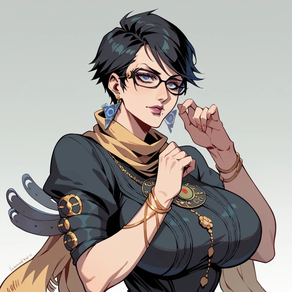 tall mature beautyfull woman, based bayonetta, cyberpunk clotches, cybernetic implants, mature woman, short hair, black chic glasses, big beige colors scarf, golden earring, black dress, golden bracelet, black boot