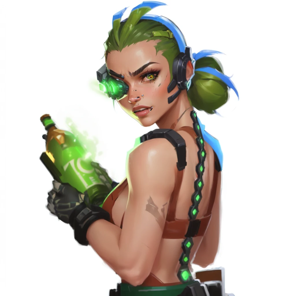 a close up of a person holding a bottle of liquid, lucio as a woman, female lucio, sage ( valorant ), valorant character, loba andrade from apex legends, character art the contra, diesel punk female, senna from league of legends, in style of apex legends, cyberpunk angry gorgeous druid, echo from overwatch