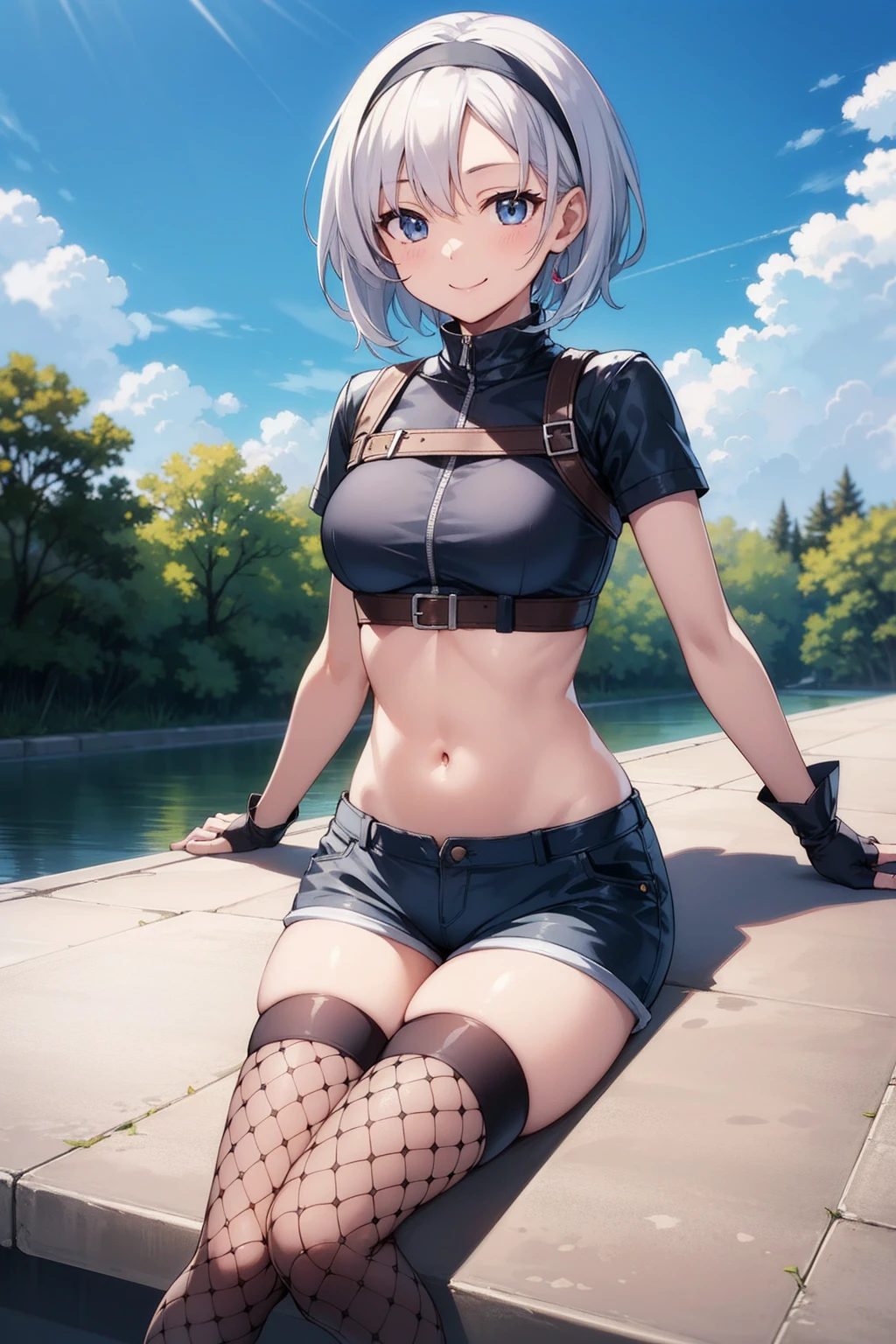 yuffiekisaragi, Yuffie Kisaragi,Haircuts, pixie cut,
壊す crop top, fingerless gloves, fishnet Thighhighs, fishnet, forehead protector, gloves, head band, belly button, short shorts, shorts, single sleeve, single thigh high, No sleeve, No sleeve turtleneck, Thighhighs, turtleneck,
bench、blue sky、smile, solo