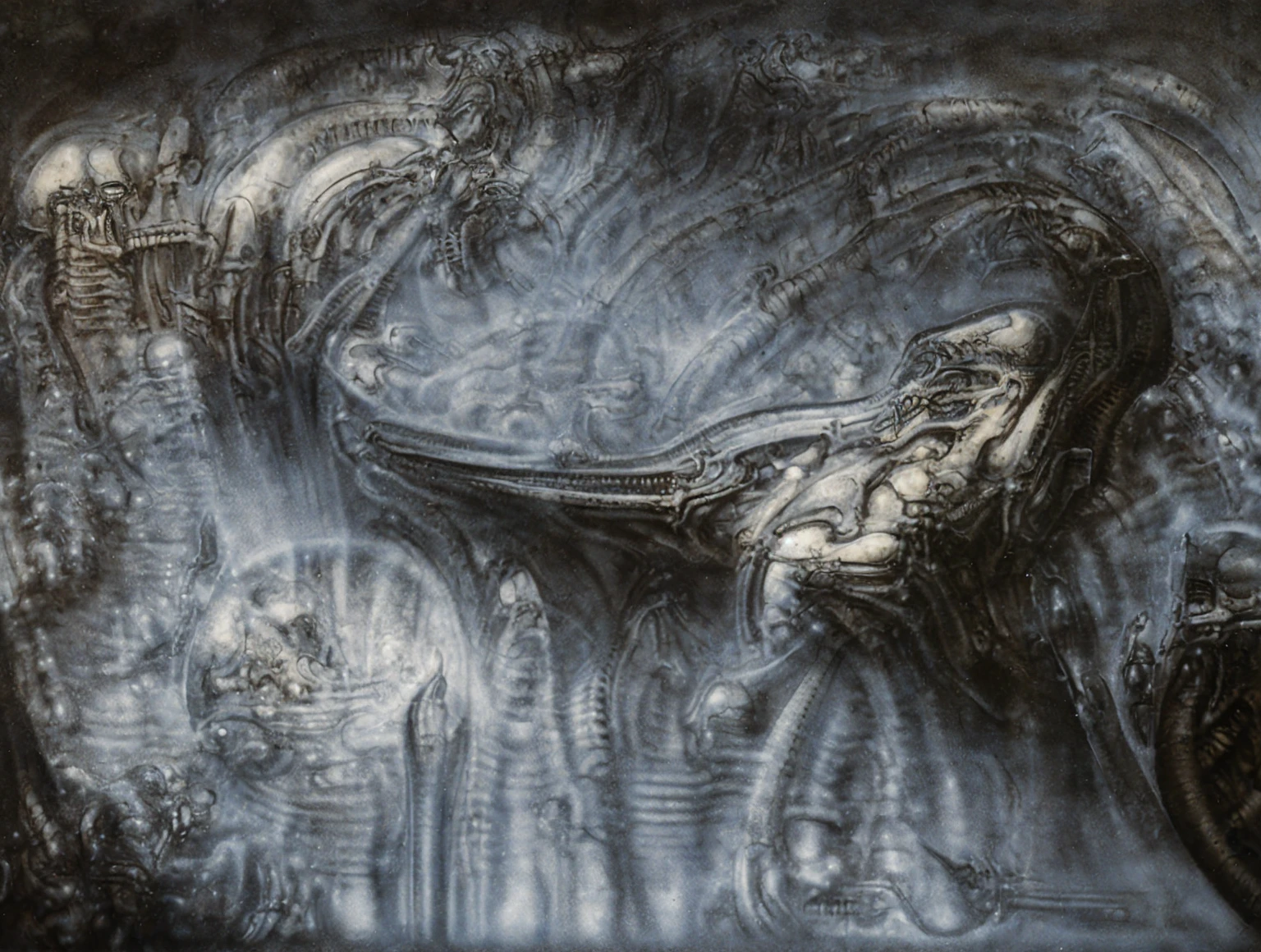 The image is a detailed view of H.R. Giger's biomechanical tableau \" Landscape XVI \" plate, featuring.
(airbrush painting, Giger's alien in front of broken alien ship in landscape, natural light, sharp focus, illustration, highly detailed, digital painting, concept art, matte, art by gric and kozhanov and moebius and Alphonse Mucha, masterpiece, HDR ,UHD , uplight, in HRGigerArhP style);1.
surrealistic painting of a monster with multiple tentacles and a body that looks like a brain, surrounded by a chaotic scene of swirling clouds and other monsters
 It's a complex network of bones and organs in eldritch color scheme:a greenish-brown hue ,swirling gery and brown colors. The artwork is silverish and green brown, with an ivory bones prominently displayed. The image is highly detailed and intricate, almost like a 3d version of a medical sketchwork.   
The piece is a tableau, most likely created with a India ink pen or pencil on paper, determined by the thin lines, shading techniques, and the texture of the paper, which is visible around the edges.
Used is pen, given the shading and variations in line weight visible in the image. Artist have used a variety of stylus with different degrees of hardness to achieve the shading effects.
 The use of undersaturated green-grays dark contrasts creates a stark and graphic look. Is used a variety of linework techniques to create different textures. Fine, parallel lines create a smooth, metallic texture,while thicker, more cursive lines suggest cables or wires.
Light source from the top highlights skeletals, pper part of foreground, lower part of image is in shadowupper part of foreground, lower part of image is in shadow.
The art performance showcases the artist’s skills in observation and rendering. The level of detail in the piece suggests a close study of real bone specimens and mechanics. The artist has skillfully used shading techniques to create a convincing illusion of three-dimensionality on a flat surface. The wrinkles 