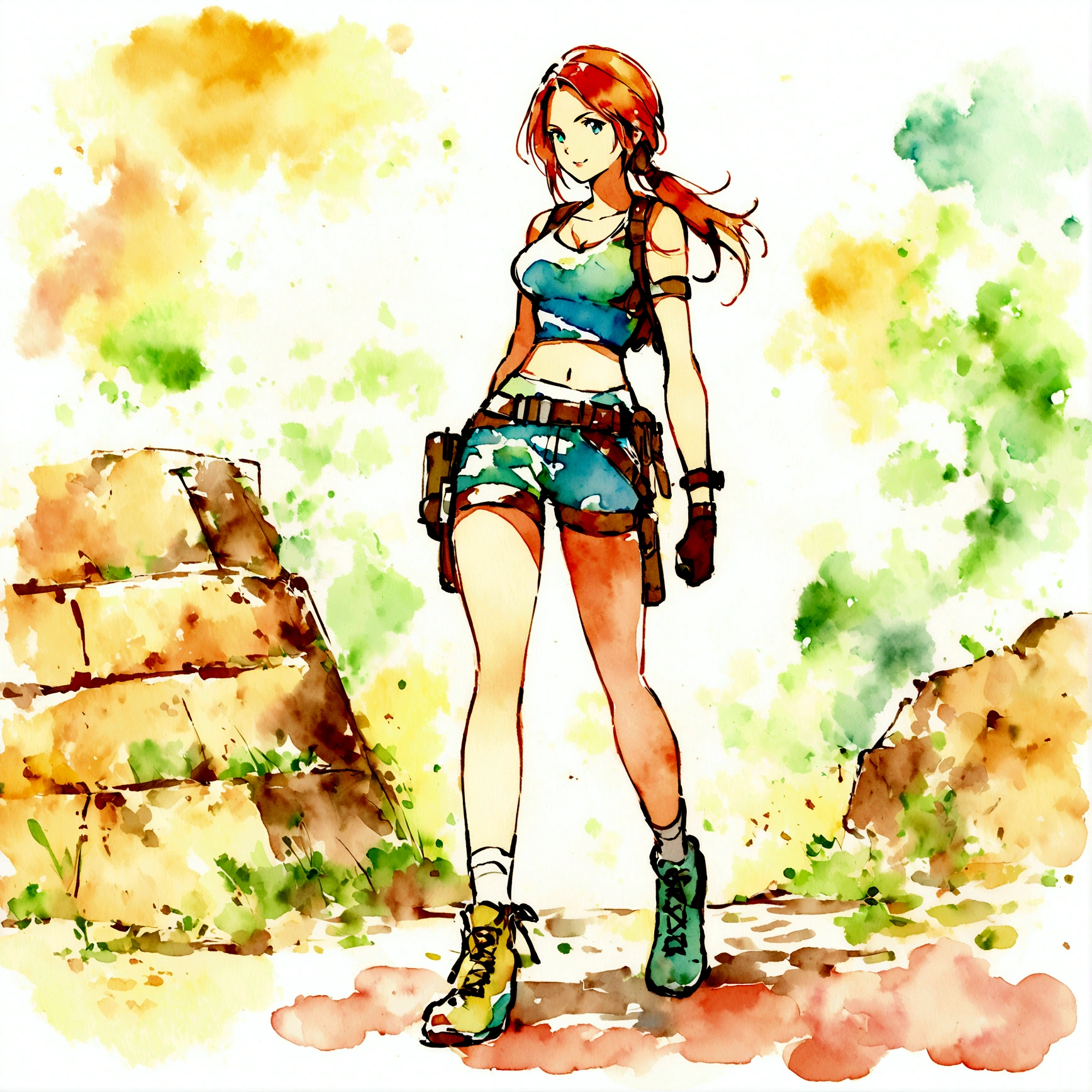Tomb Raider Lara Croft watercolor and sketch, in stylish illustrations style, whole body, soft watercolors