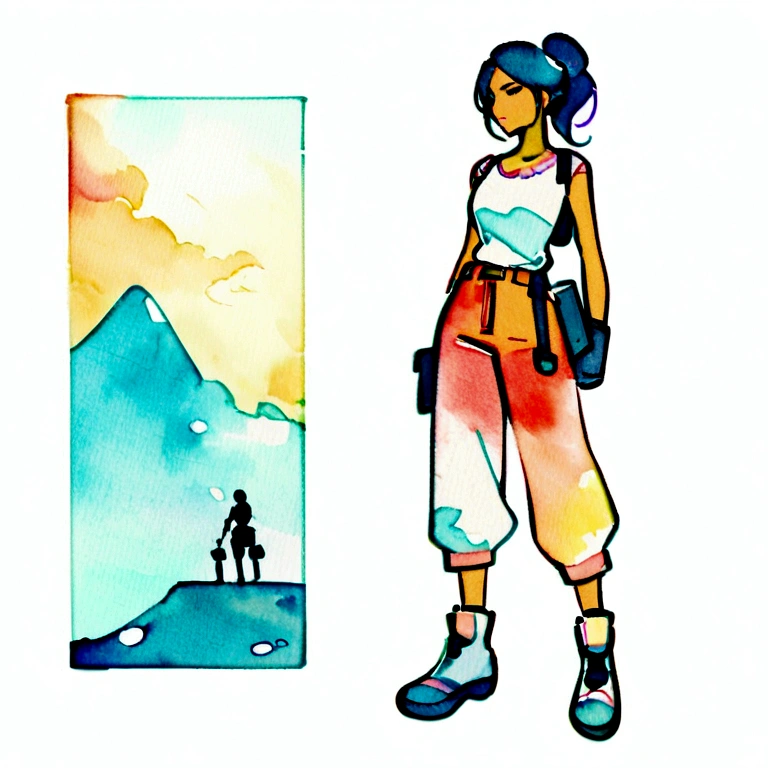 Tomb Raider Lara Croft watercolor and sketch, in stylish illustrations style, whole body, soft watercolors