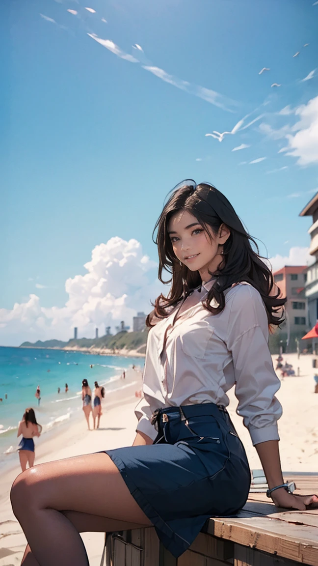 ((最high quality, 8K, masterpiece: 1.3, Ultra HD, high quality, 最high quality, High resolution, realism)) 、18-year-old Caucasian man、Women、 Hair is black、 hair is wavy、smile、(((front)))、sit on a high breakwater on the beach、blue sky、(((Girls' school uniform)))、(((mini skirt)))、White panties、Leg spread、Showing panties:1.6