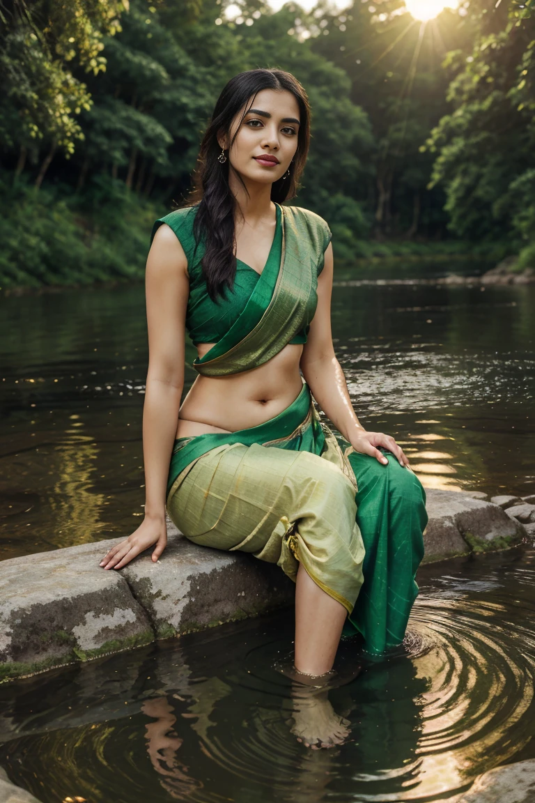 "Generate an  [ hyper realistic 8k ]image of a breathtaking woman in a vibrant green saree, seated beside a serene river. She playfully dips her hand into the water, creating mesmerizing ripples that reflect the golden hues of the setting sun. Her expression is one of joy and wonder, as she engages with the natural beauty around her, embodying grace and serenity."






