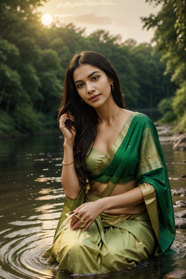 "Generate an  [ hyper realistic 8k ]image of a breathtaking woman in a vibrant green saree, seated beside a serene river. She playfully dips her hand into the water, creating mesmerizing ripples that reflect the golden hues of the setting sun. Her expression is one of joy and wonder, as she engages with the natural beauty around her, embodying grace and serenity."






