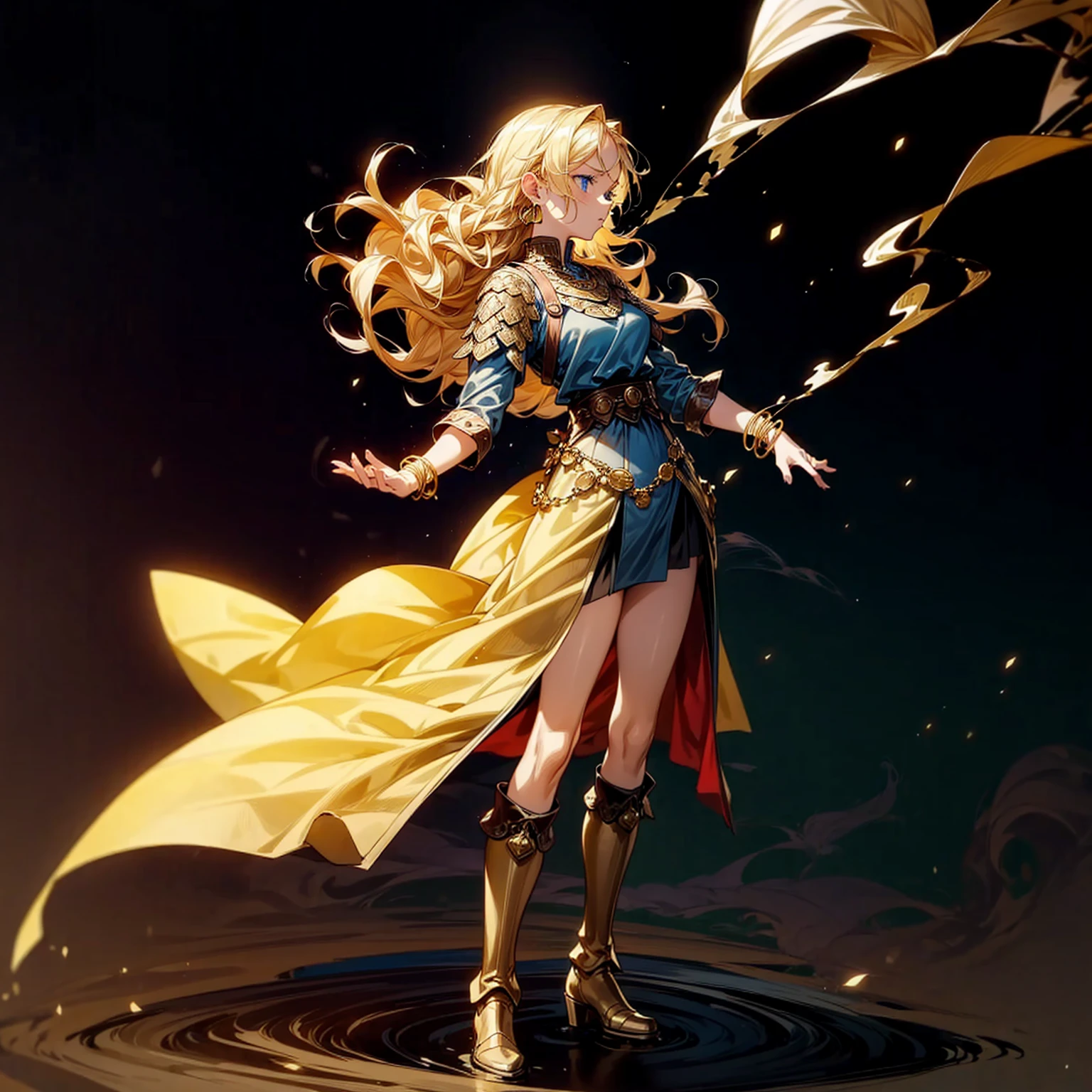 1girl, Full body version, 1character, adult version, blue eyes color, long Curly haircut, blonde colour hair, Gold earrings, gold bracelets, medieval style clothing, black armor, long boots, knife Assassin in hand Grassroots, background in castle square, motion blur, standing gesture, smoke effect, lighting, lighting gold, plasma effect, aura effect, (attack on Titan style art) 