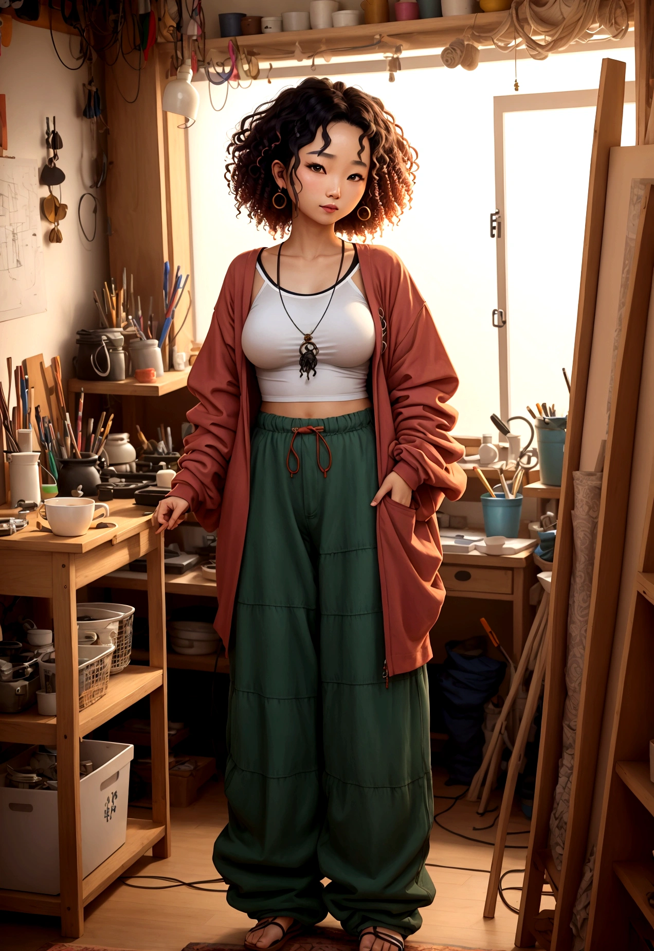 asian lady with curly hair in her studio wearing loose baggy clothes