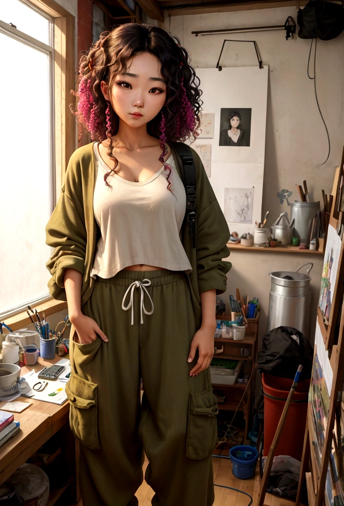 asian lady with curly hair in her studio wearing loose baggy clothes