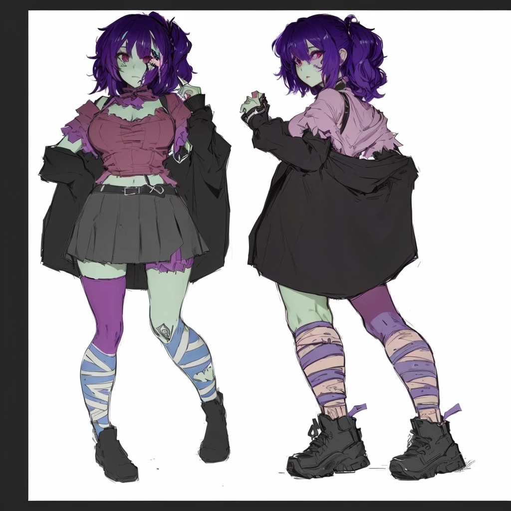 two anime girls in short skirts and tights are standing next to each other, full body concept, detailed full body concept, outfit design, [ character design ], some green and purple, detailed character design, unrealistic character concept, full body character design, clothing concept, full body character concept, full body adoptable, character adoptable, outfit designs, full body illustration, green skin, anime costume, zombie cosplay, anime, bandages wrapped around legs, 