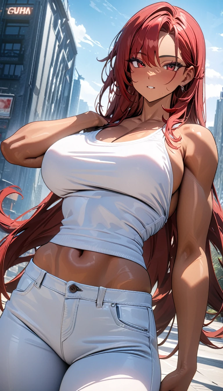 ((masterpiece, best quality)), very aesthetic, ultra detailed, intricate details, highly detailed, UHD, HDR, 8K, perfect face, 1girl, tan skin, white tank top, lean muscular, white jeans, dark long red hair, red eyes, large breasts, perfect body, (newest anime art style)