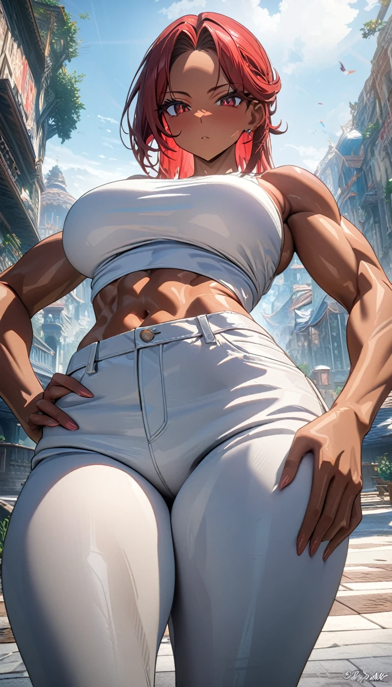 ((masterpiece, best quality)), very aesthetic, ultra detailed, intricate details, highly detailed, UHD, HDR, 8K, perfect face, 1girl, tan skin, white tank top, lean muscular, white jeans, dark long red hair, red eyes, large breasts, perfect body, (newest anime art style)