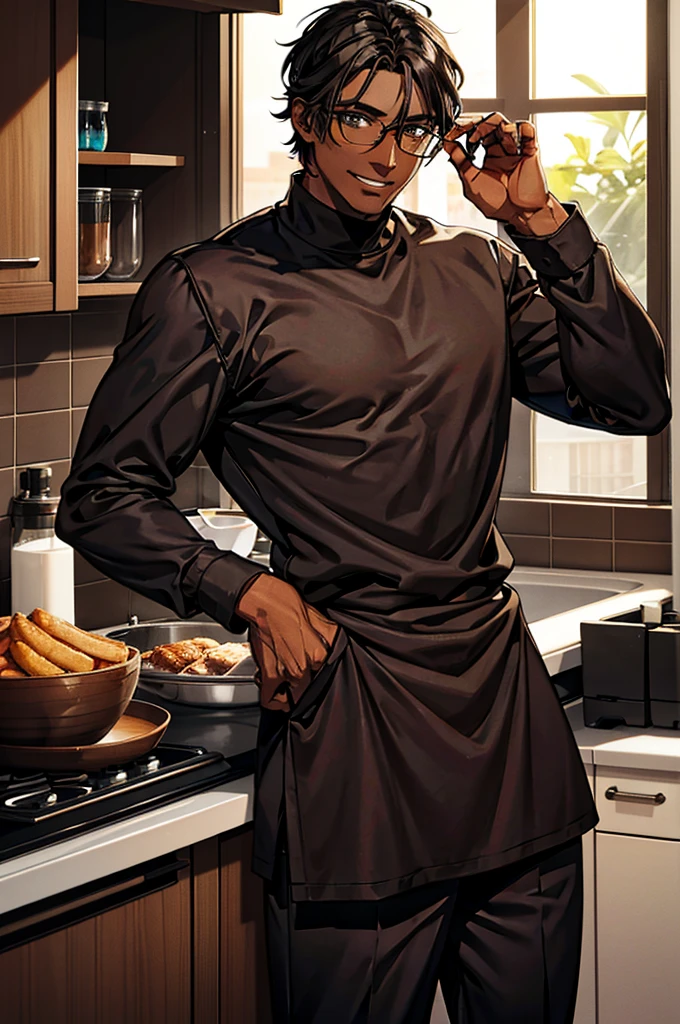 1male, black hair, dark skinned man, very dark skin, brown eyes, black hair, muscular body, cool clothes, casual pose, glasses, mature face, ikemen, smile, kitchen background, 4k, high resolution, rim lighting
