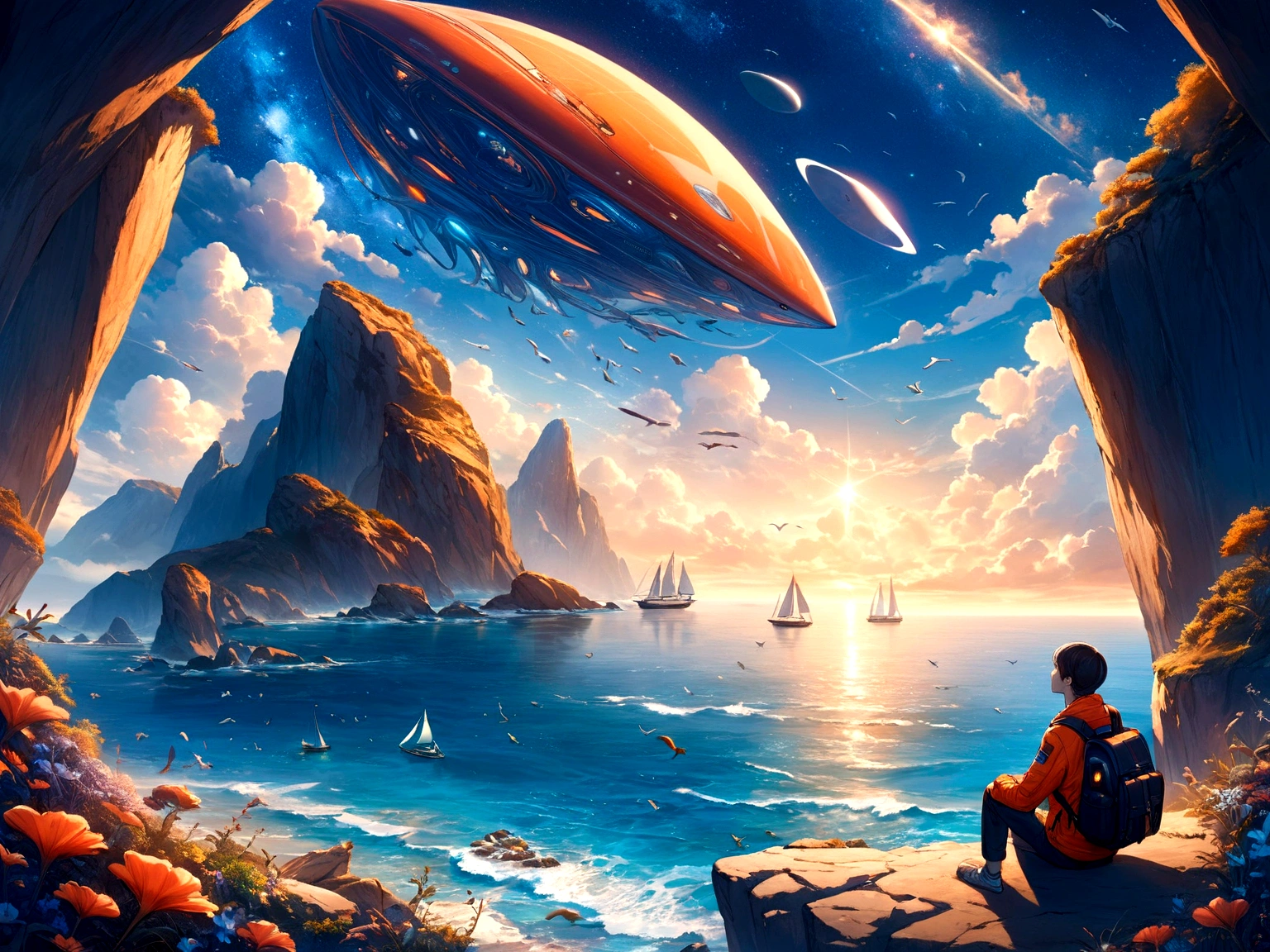 A space tourist with a backpack is sitting on the shore of a cliff. below is the sea, alien sky, romance, masterpiece, birds in the sky, sailboat