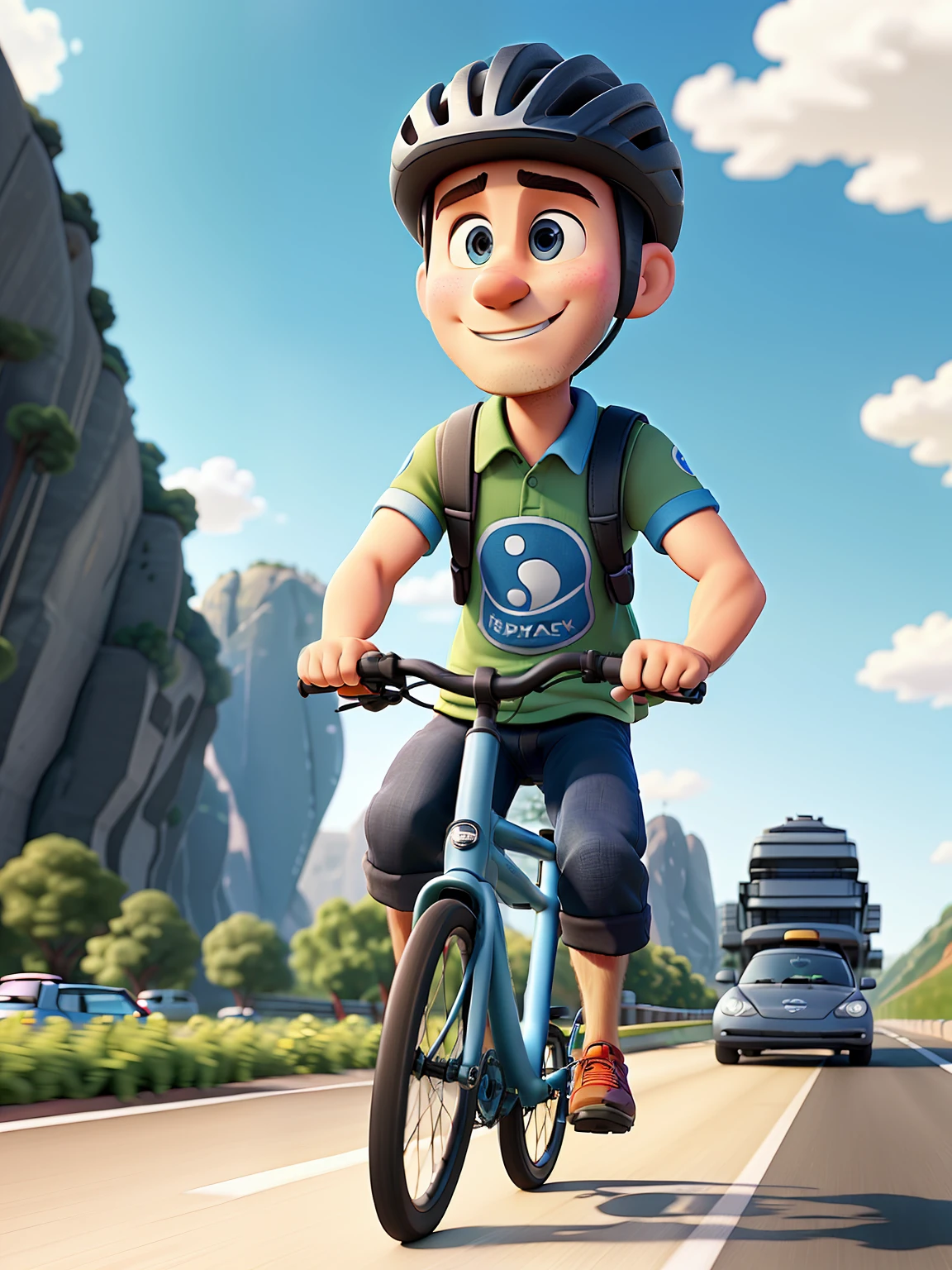 man with helmet pedaling a bicycle and a car overtaking the bicycle from the side side by side, landscape with highway in the center. in the Disney Pixar style, high quality, best quality.