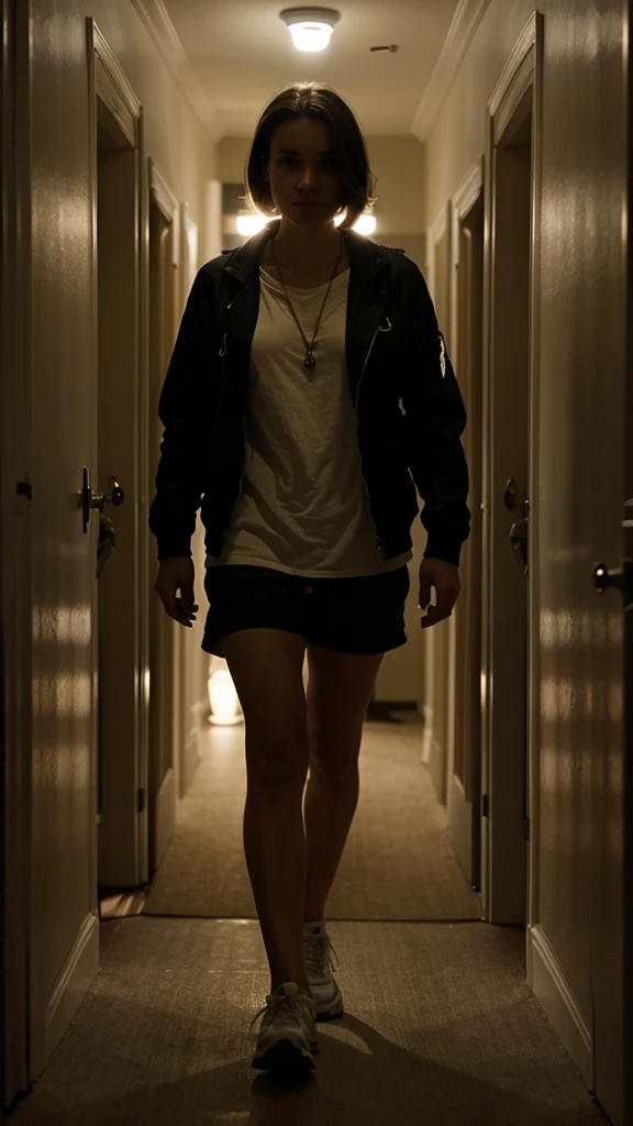 "A person holding a cellphone with the flashlight on, walking down a creaky hallway."