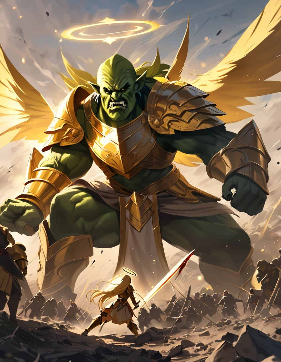 Masterpiece, 4k, Illustration of an angelic female warrior, beautiful woman, long blonde hair, halo, golden armor, wings, fighting orcs, blood, holding a orc head in one hand and a sword in the other hand, battlefield