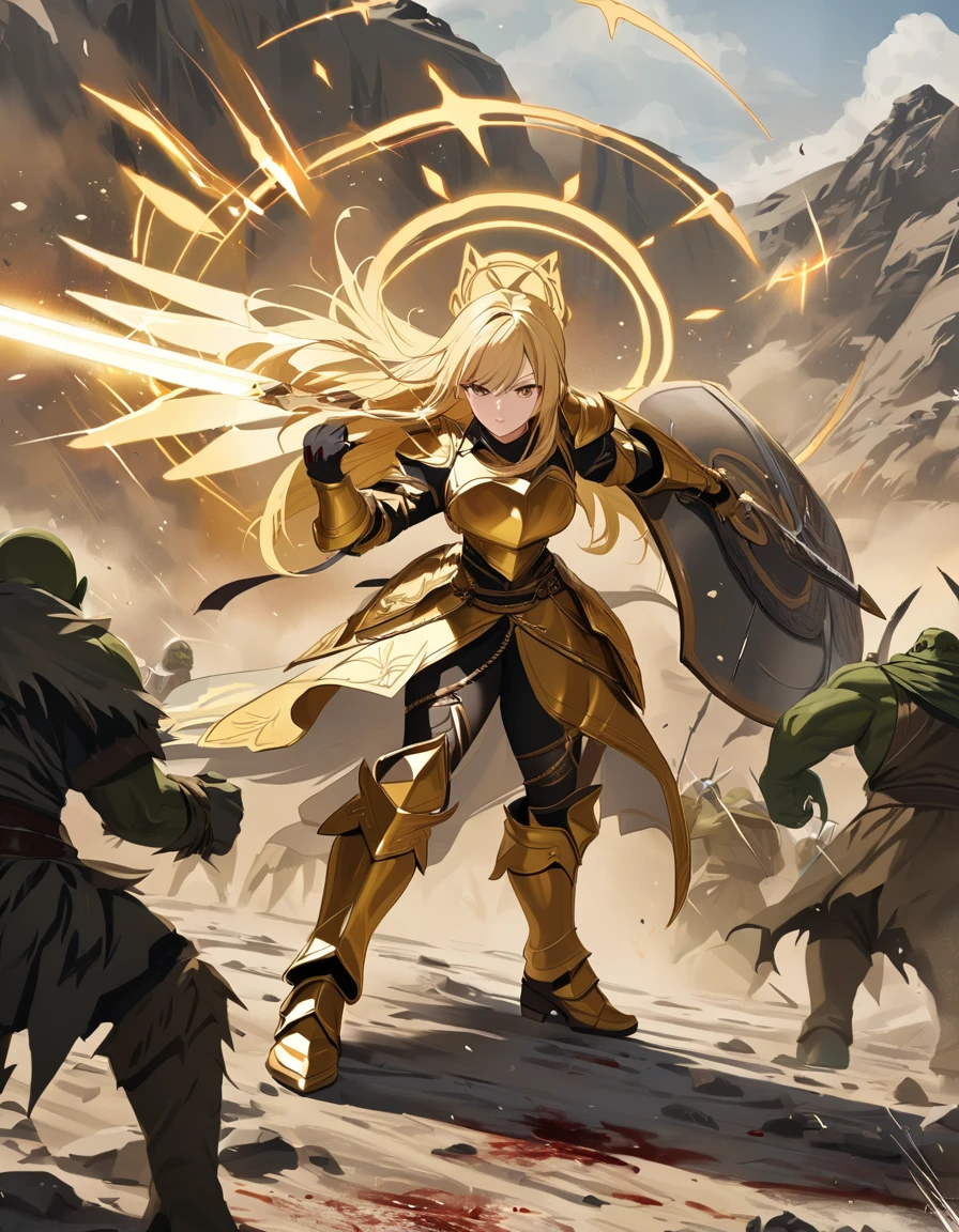 Masterpiece, 4k, Illustration of an angelic female warrior, beautiful woman, long blonde hair, halo, golden armor, wings, fighting orcs, blood, holding a orc head in one hand and a sword in the other hand, battlefield