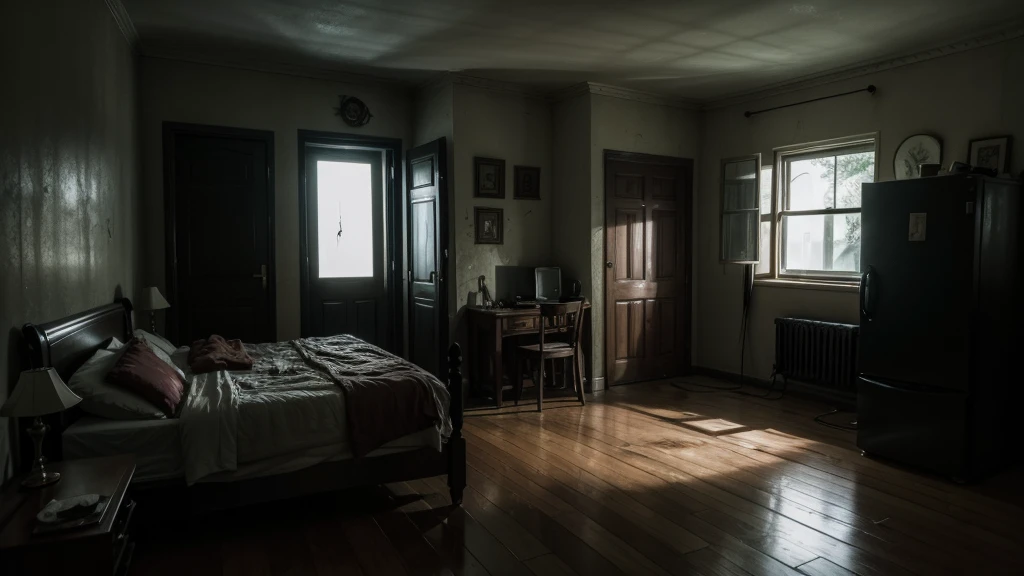 The interior of an ordinary house in the United states, a scene from a horror movie, a macabro and dark atmosphere até night