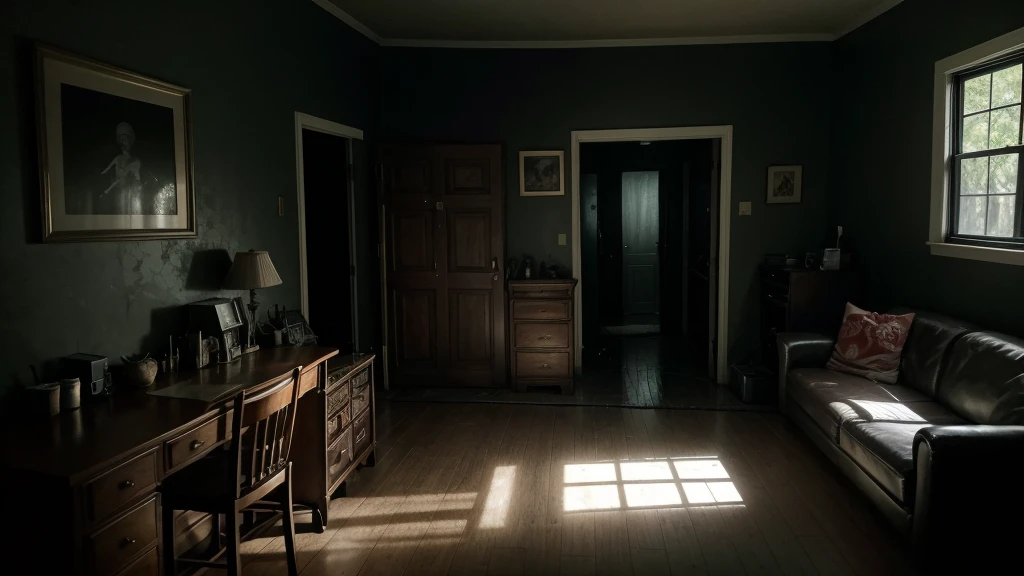 The interior of an ordinary house in the United states, a scene from a horror movie, a macabro and dark atmosphere até night